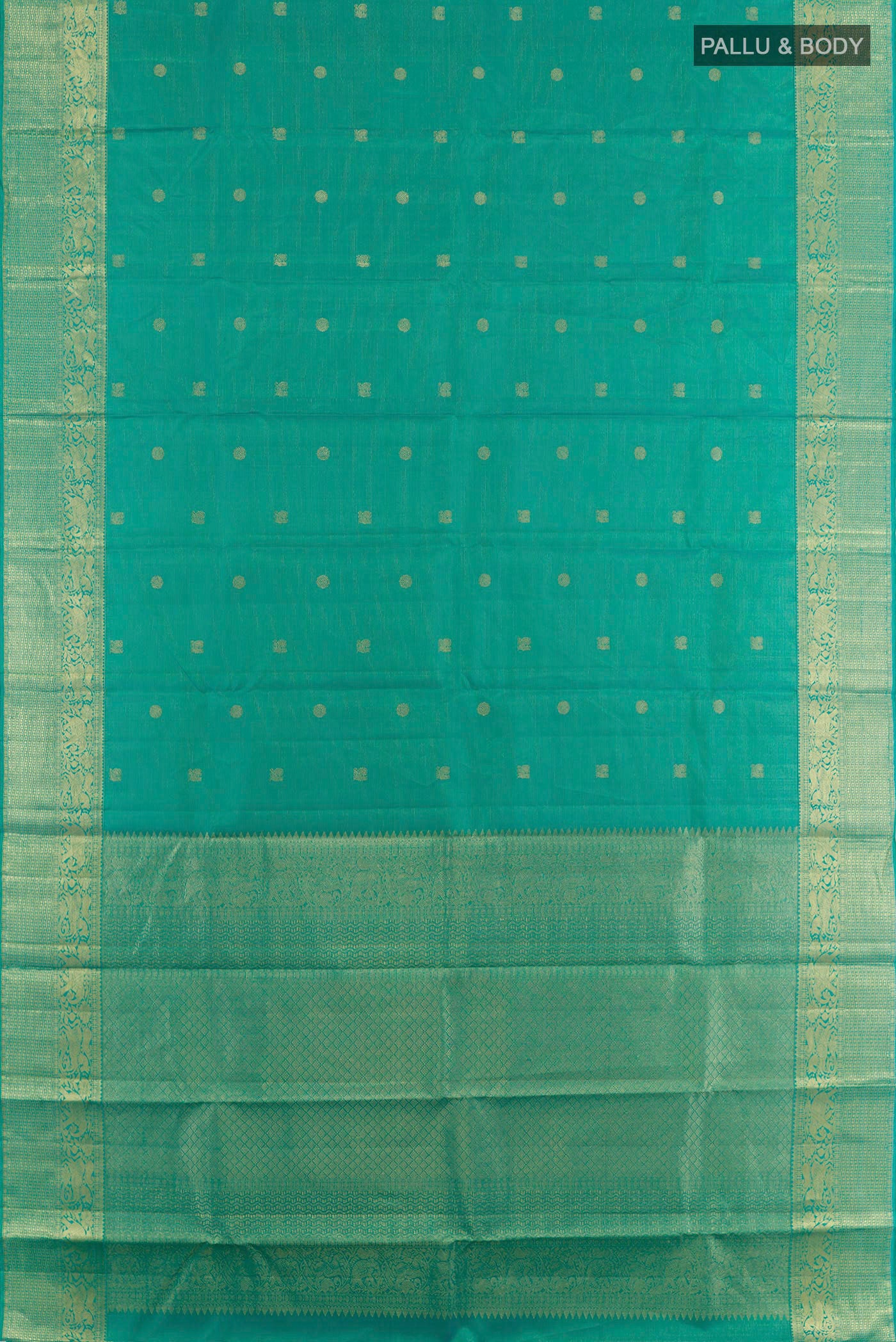Flat view of Sea Green Kanjivaram Silk Saree with Zari Brocade on the body and Zari Border. 