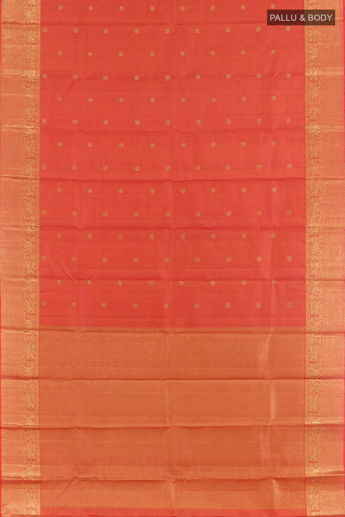 Flat view of Red Kanjivaram Silk Saree with Zari Brocade on the body and Zari Border. 