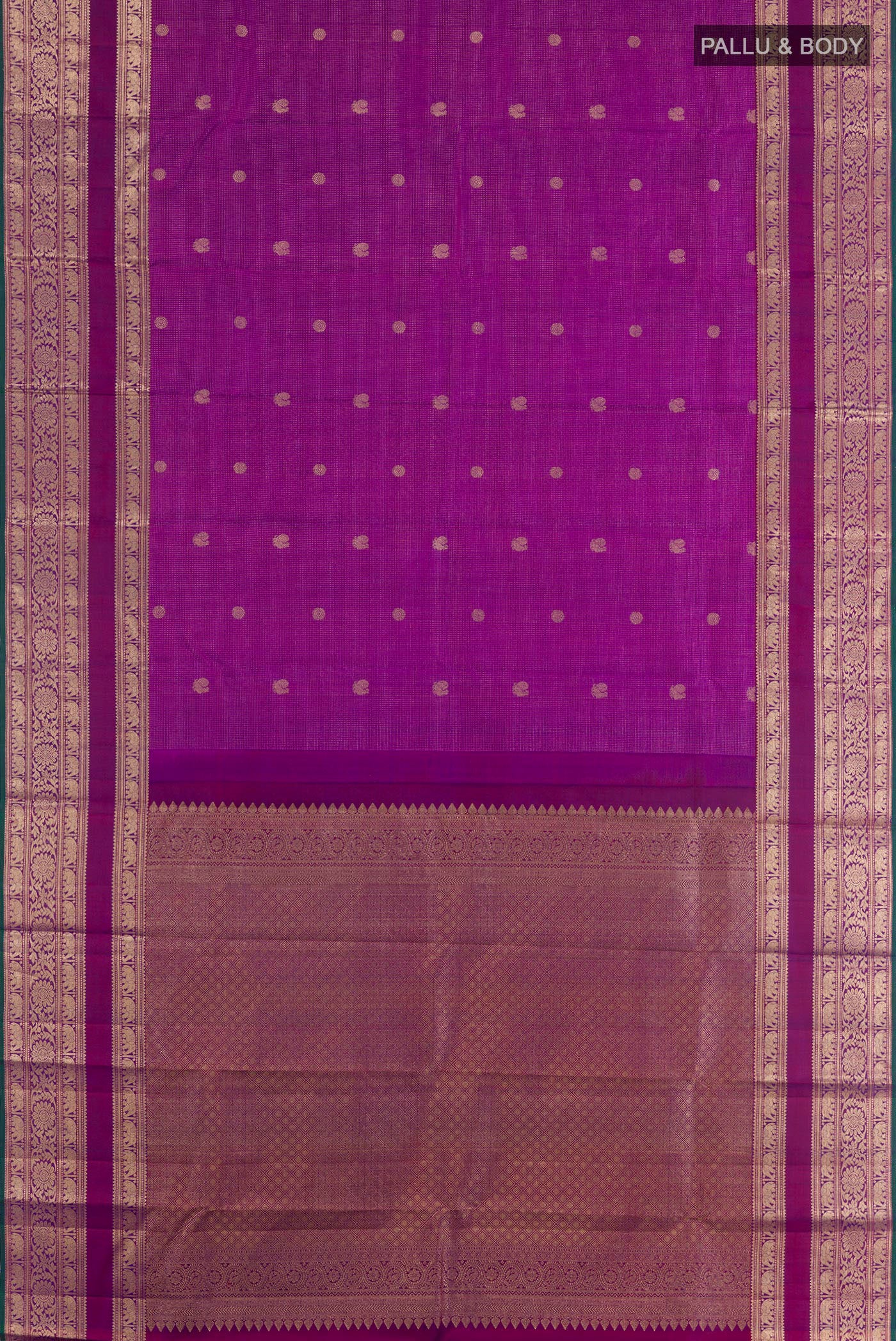 Flat view of Purple Kanjivaram Silk Saree with Zari Butta on the body and Zari Border. 