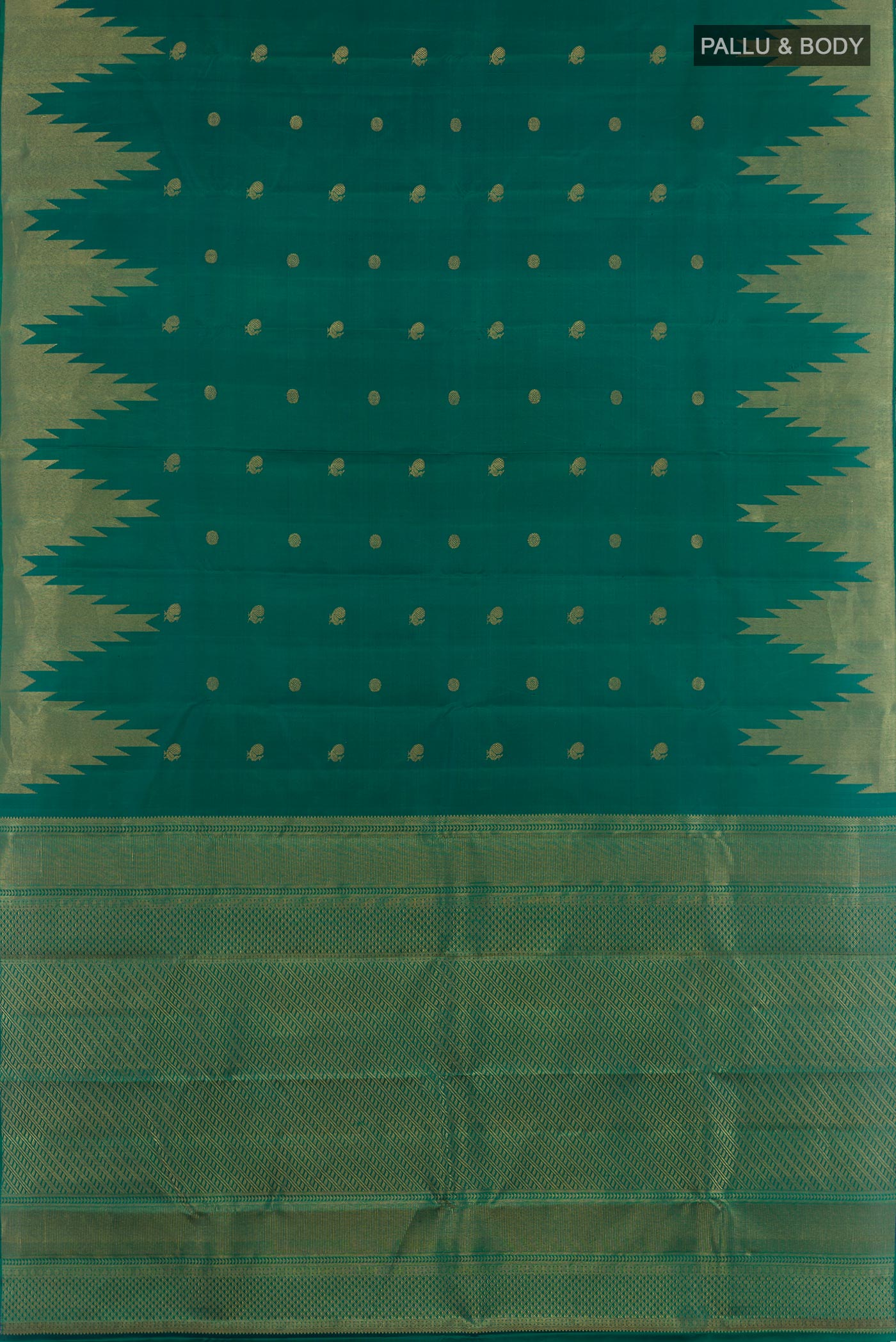 Flat view of Green Dual Tone Kanjivaram Silk Saree with Zari Butta on the body and Temple Border. 