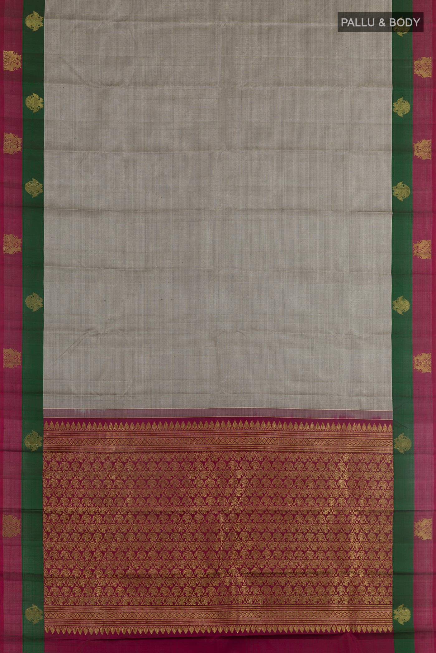 Flat view of Grey Kanjivaram Silk Saree with Zari Brocade on the body and Zari Border. 