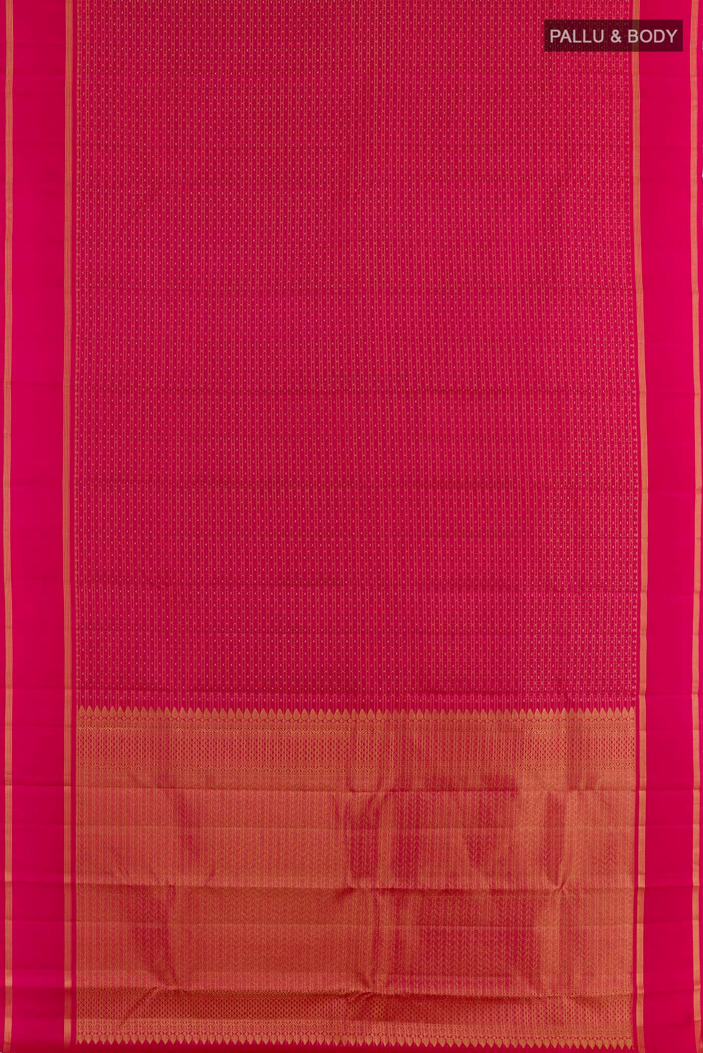 Flat view of Rani Pink Kanjivaram Silk Saree with Zari Brocade on the body and Zari Border. 