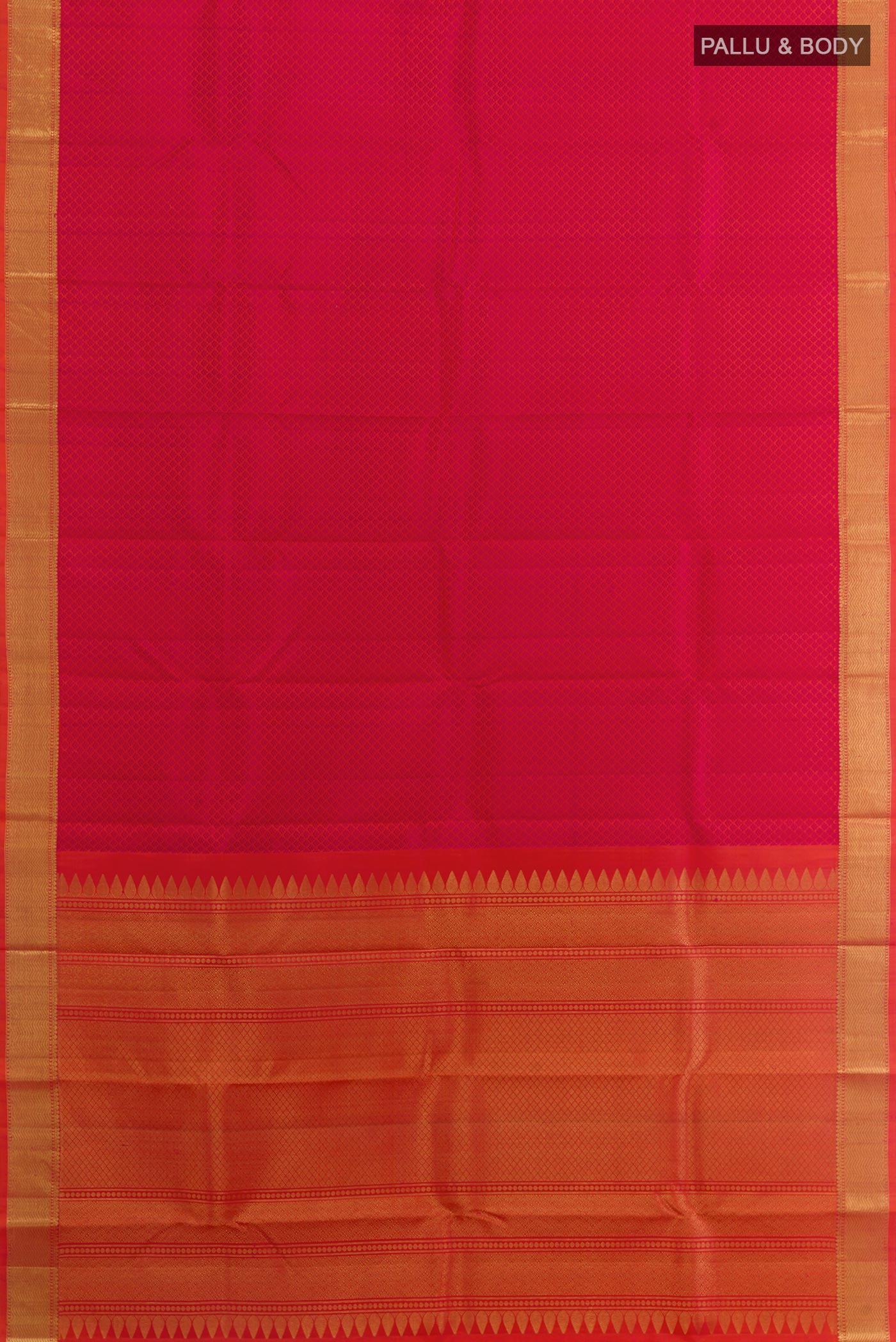 Flat view of Pink Kanjivaram Silk Saree with Jacquard design on the body and Zari Border. 