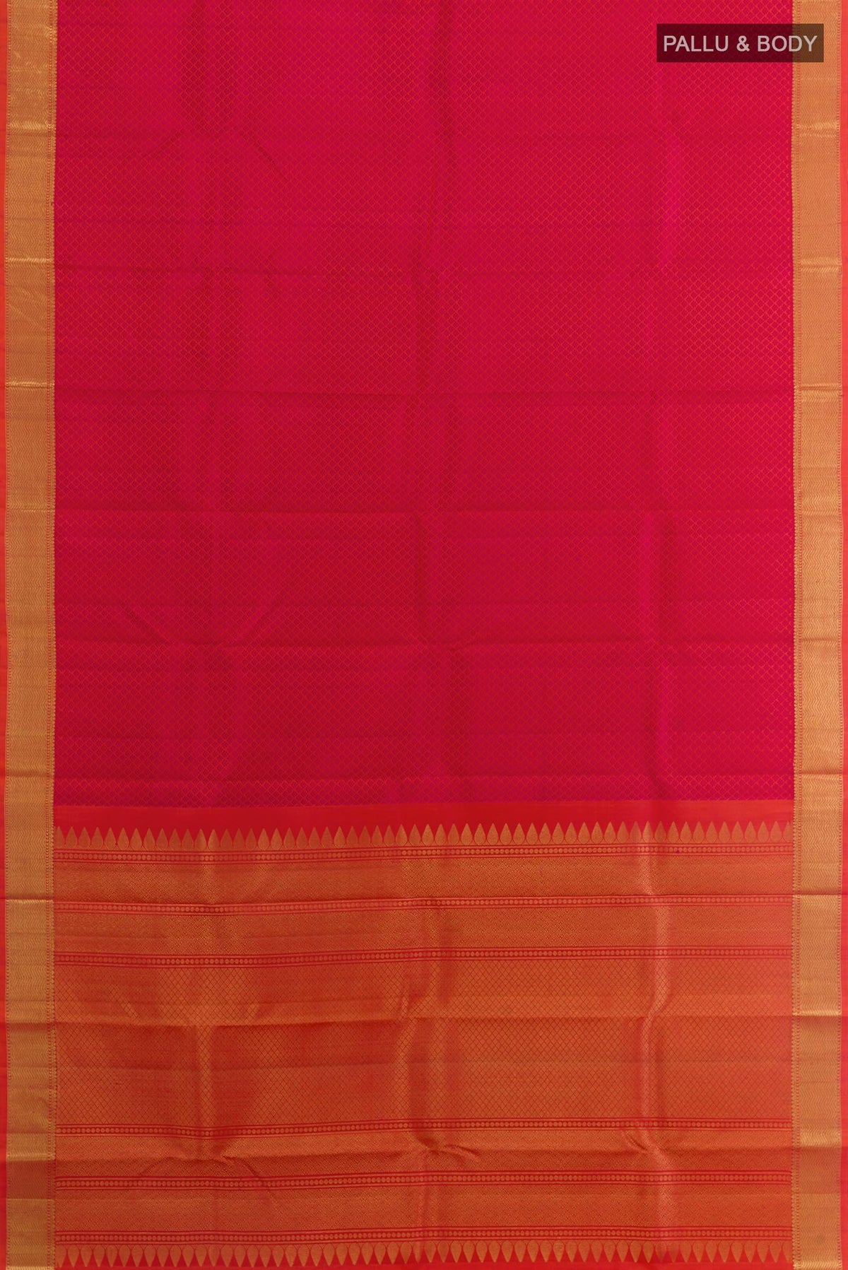 Flat view of Pink Kanjivaram Silk Saree with Jacquard design on the body and Zari Border. 