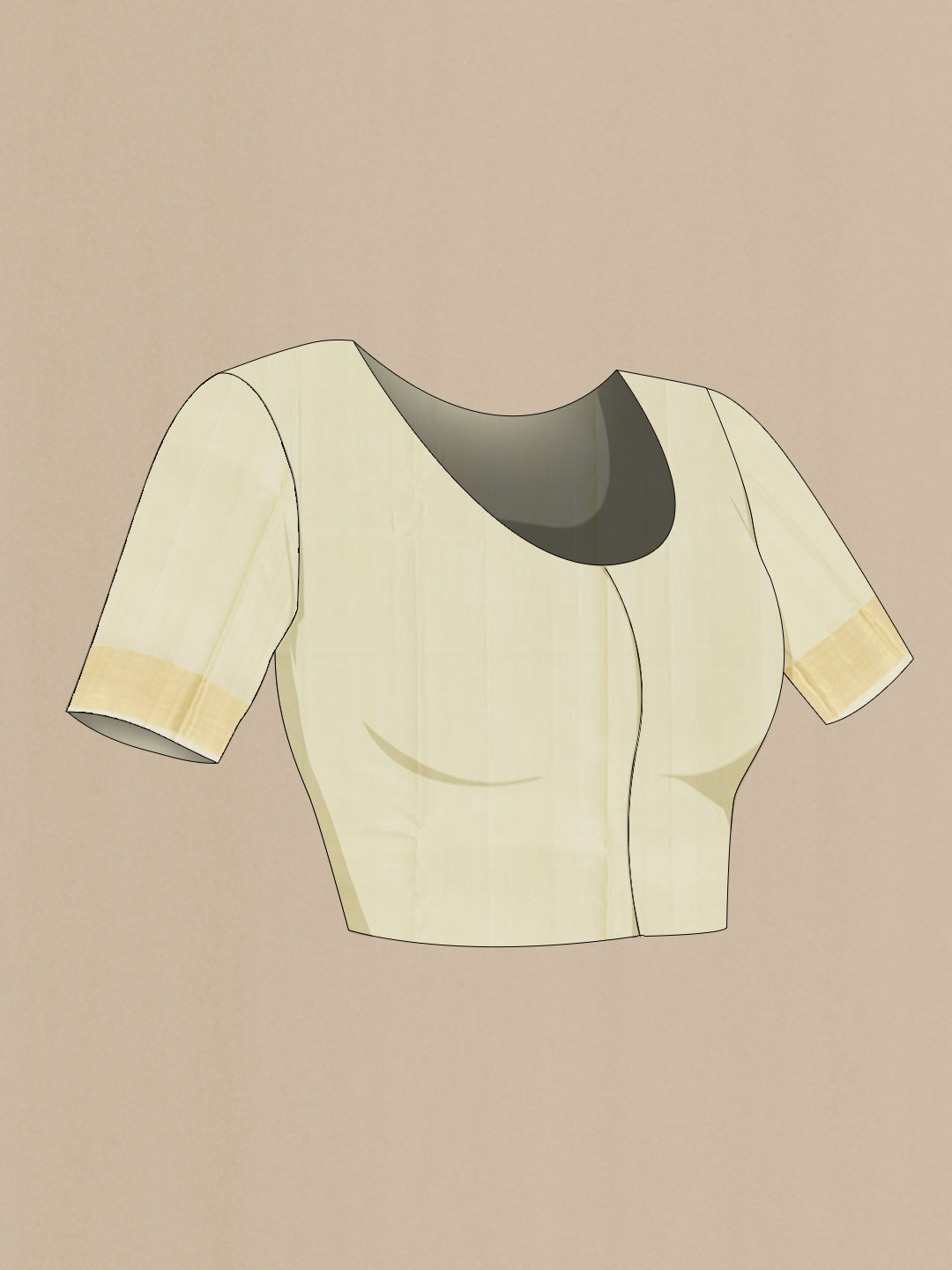 Close up image of the blouse of Off White Kanjivaram Silk Saree with Zari Brocade on the body and Zari Border. 