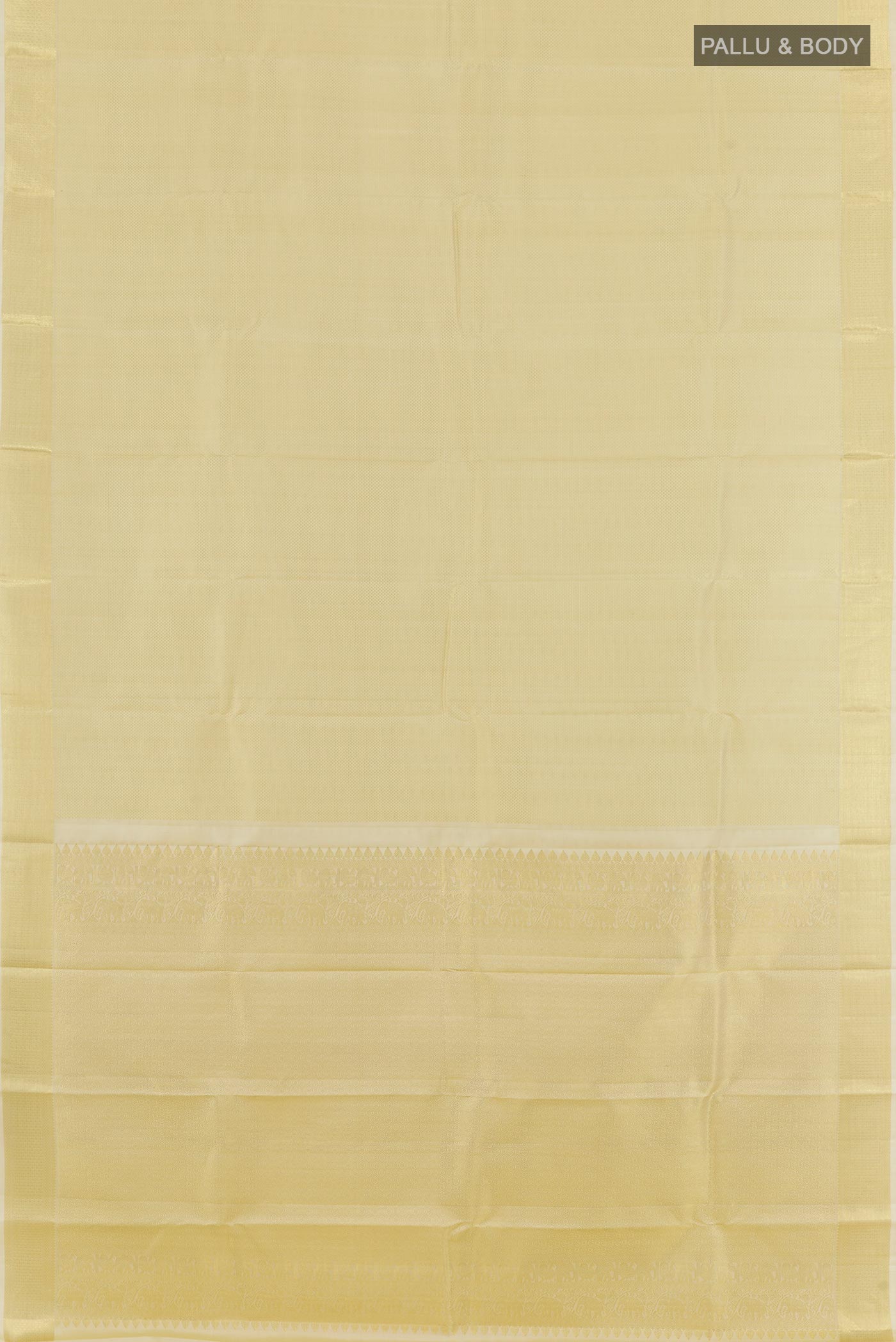 Flat view of Off White Kanjivaram Silk Saree with Zari Brocade on the body and Zari Border. 