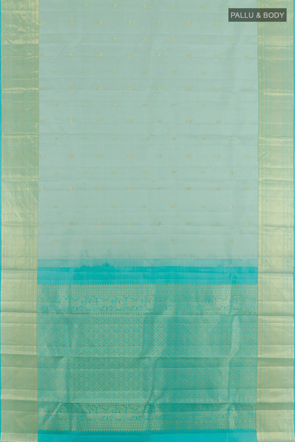 Flat view of Sky Blue Kanchipuram Silk Saree with Zari Butta on the body and Zari Border. 