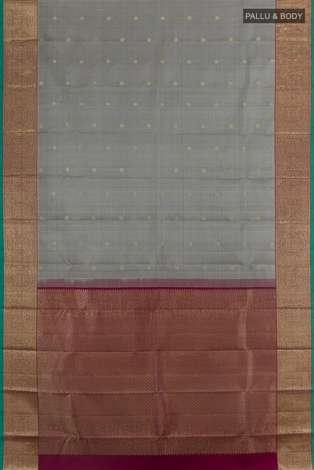 Flat view of Grey Kanchipuram Silk Saree with Zari Butta on the body and Zari Border. 