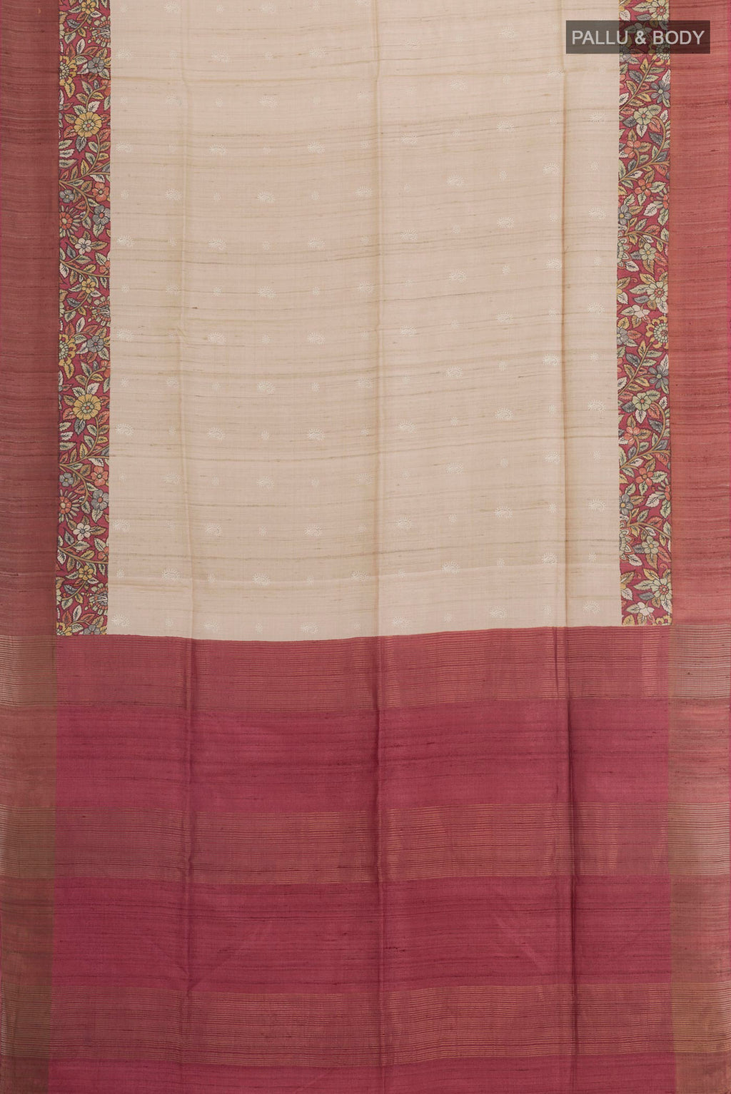 Flat view of Cream Tussar Saree with Thread Butta on the body and Zari Border. 