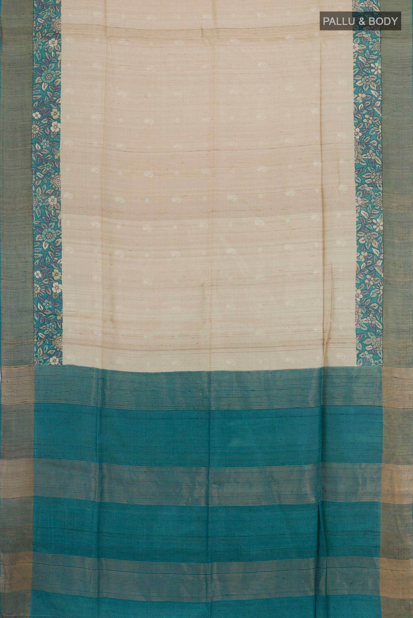 Flat view of Off White Tussar Saree with Thread Butta on the body and Zari Border. 