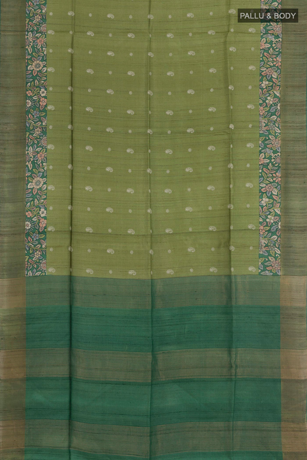 Flat view of Green Tussar Saree with Zari Butta on the body and Zari Border. 