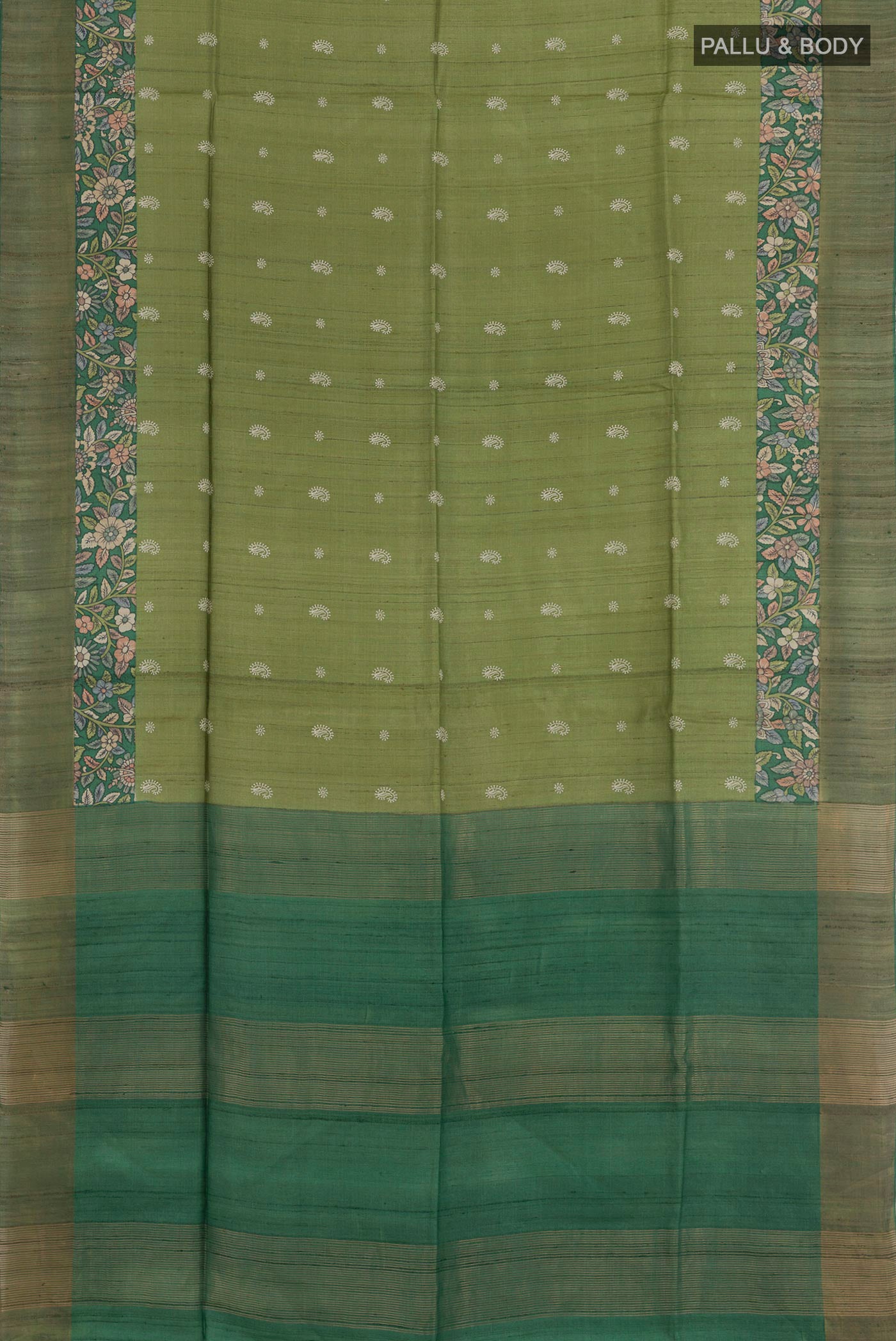Flat view of Green Tussar Saree with Zari Butta on the body and Zari Border. 