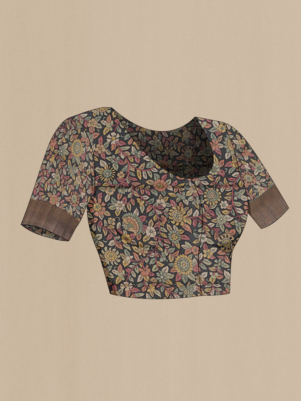 Close up image of the blouse of Grey Tussar Saree with Thread Butta on the body and Zari Border. 