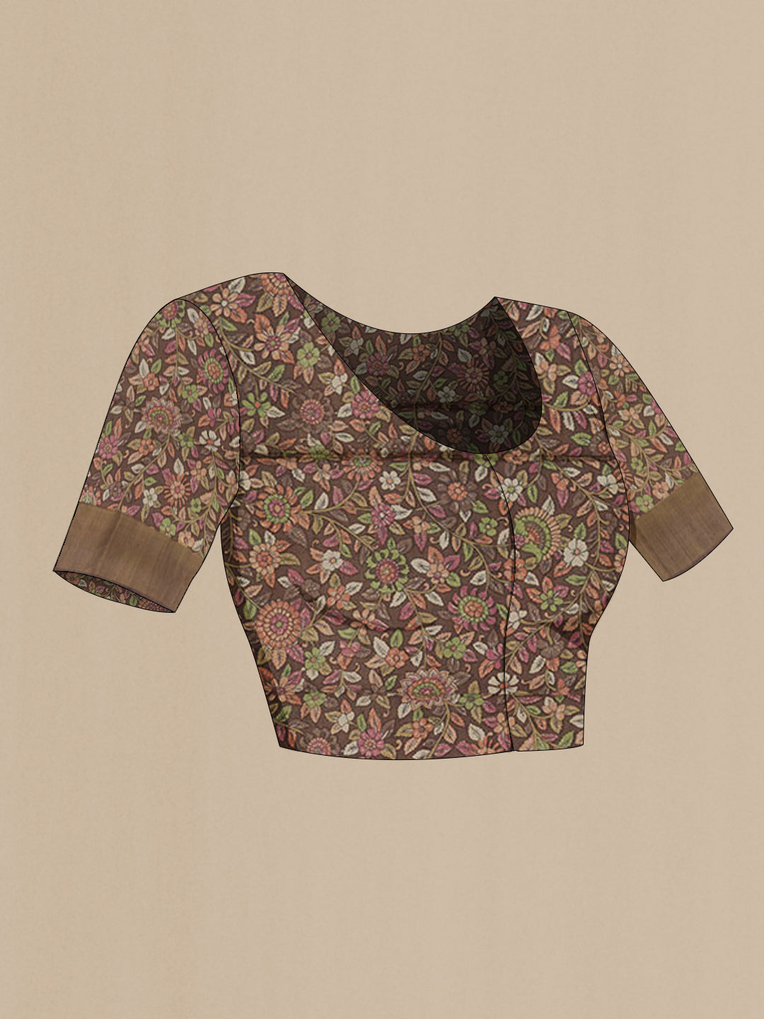 Close up image of the blouse of Mustard Tussar Saree with Thread Butta on the body and Zari Border. 