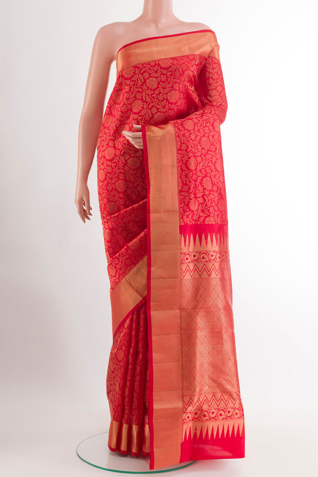 Red Soft Silk Saree with Zari Brocade on the body and Zari Border.  displayed on a mannequin