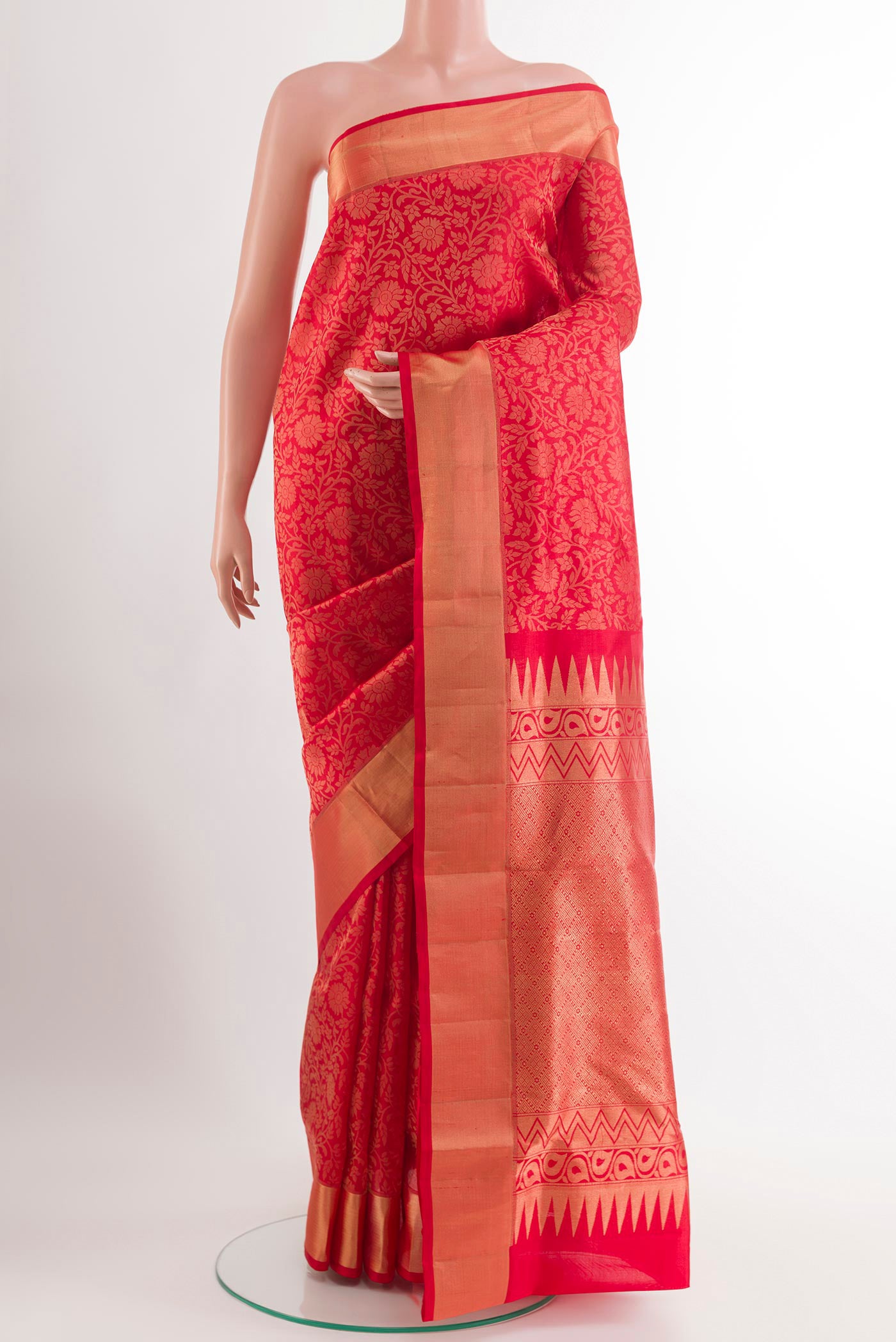 Red Soft Silk Saree with Zari Brocade on the body and Zari Border.  displayed on a mannequin