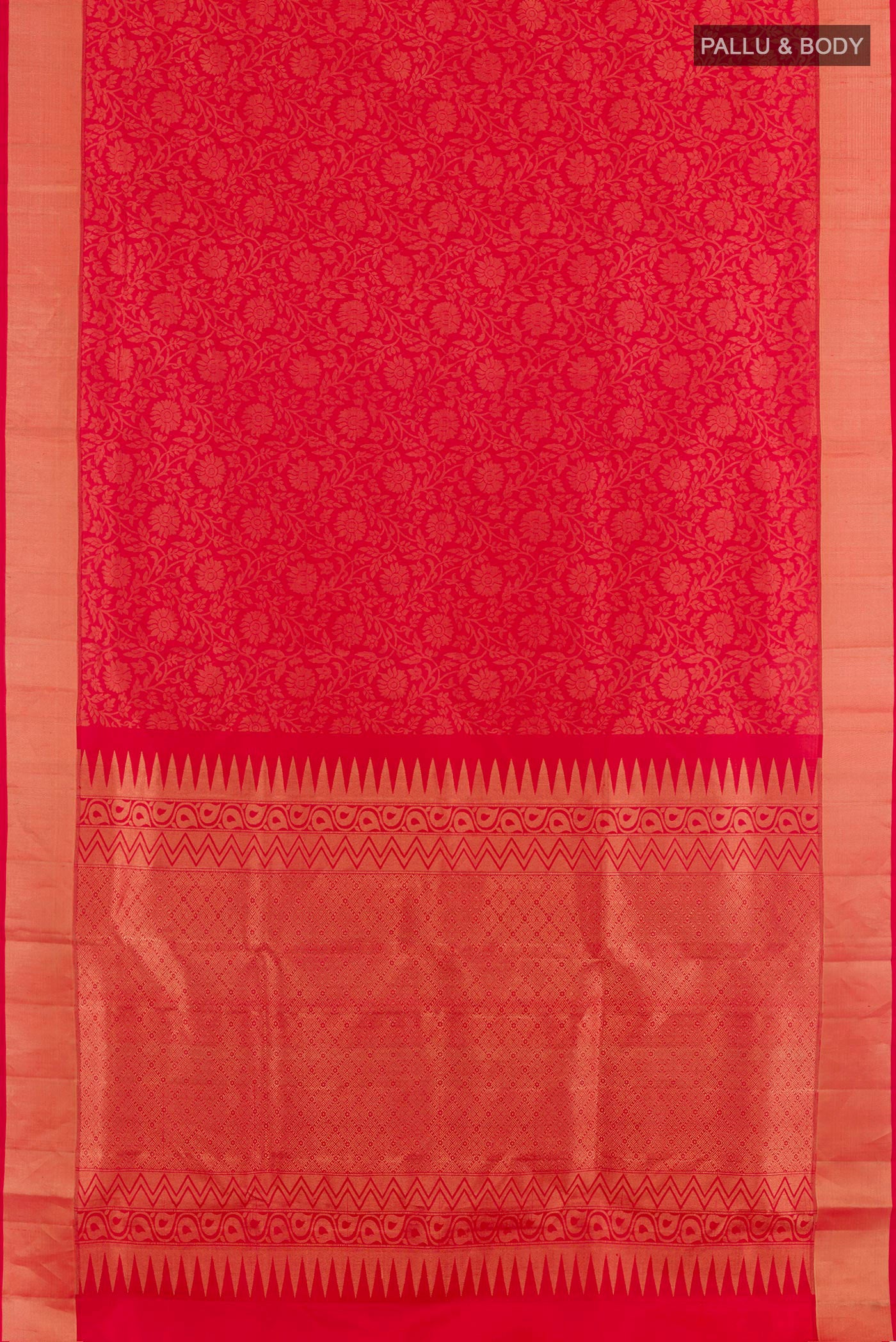 Flat view of Red Soft Silk Saree with Zari Brocade on the body and Zari Border. 