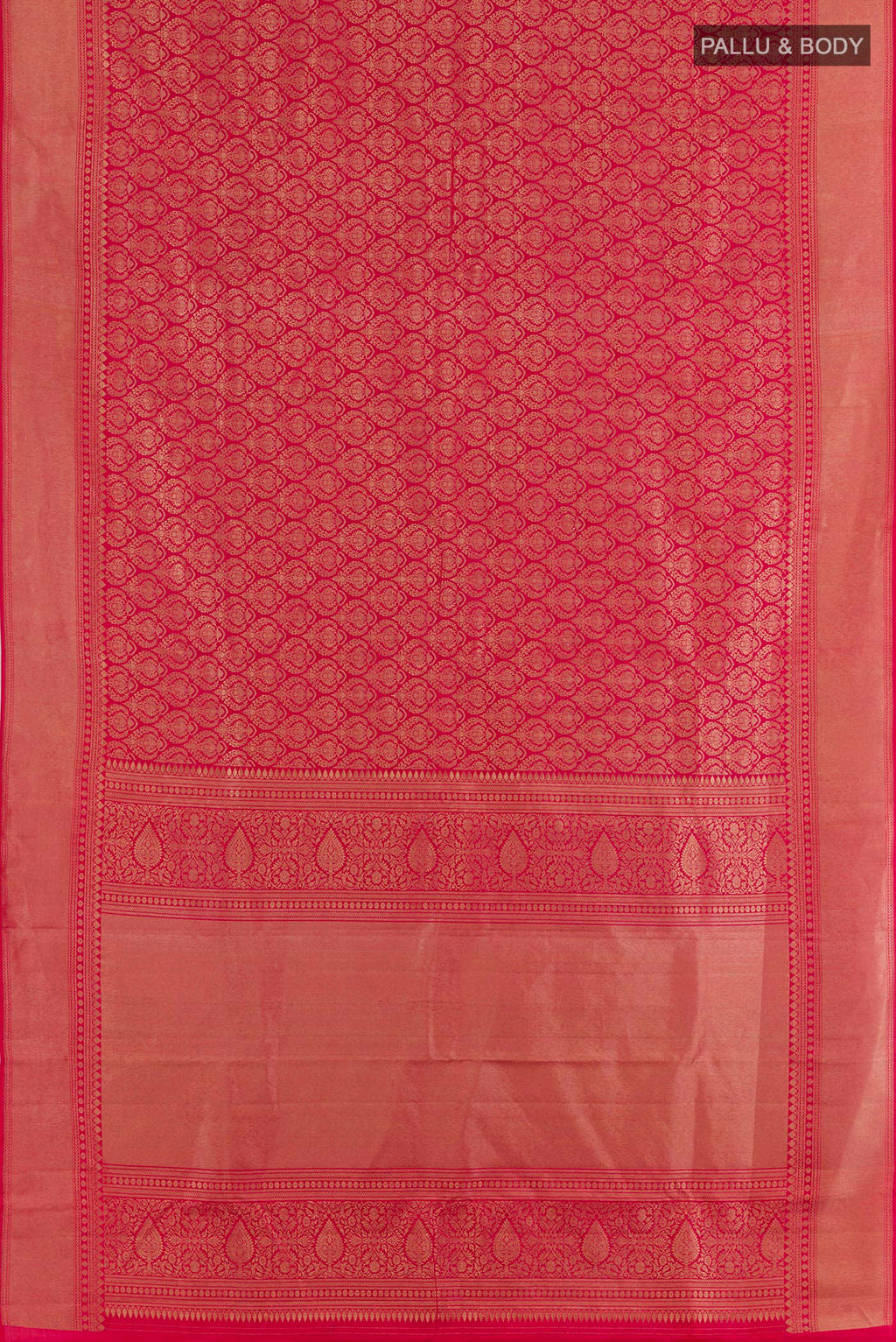 Flat view of Red Kanchipuram Silk Saree with Zari Butta on the body and Zari Border. 
