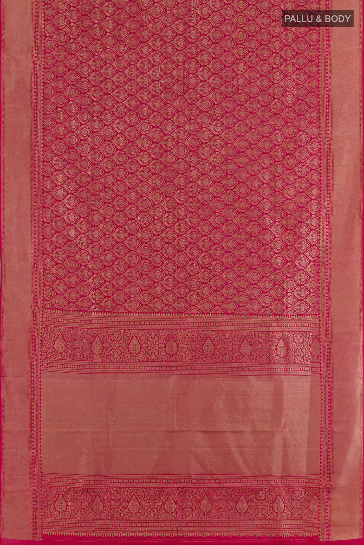 Flat view of Red Kanchipuram Silk Saree with Zari Butta on the body and Zari Border. 
