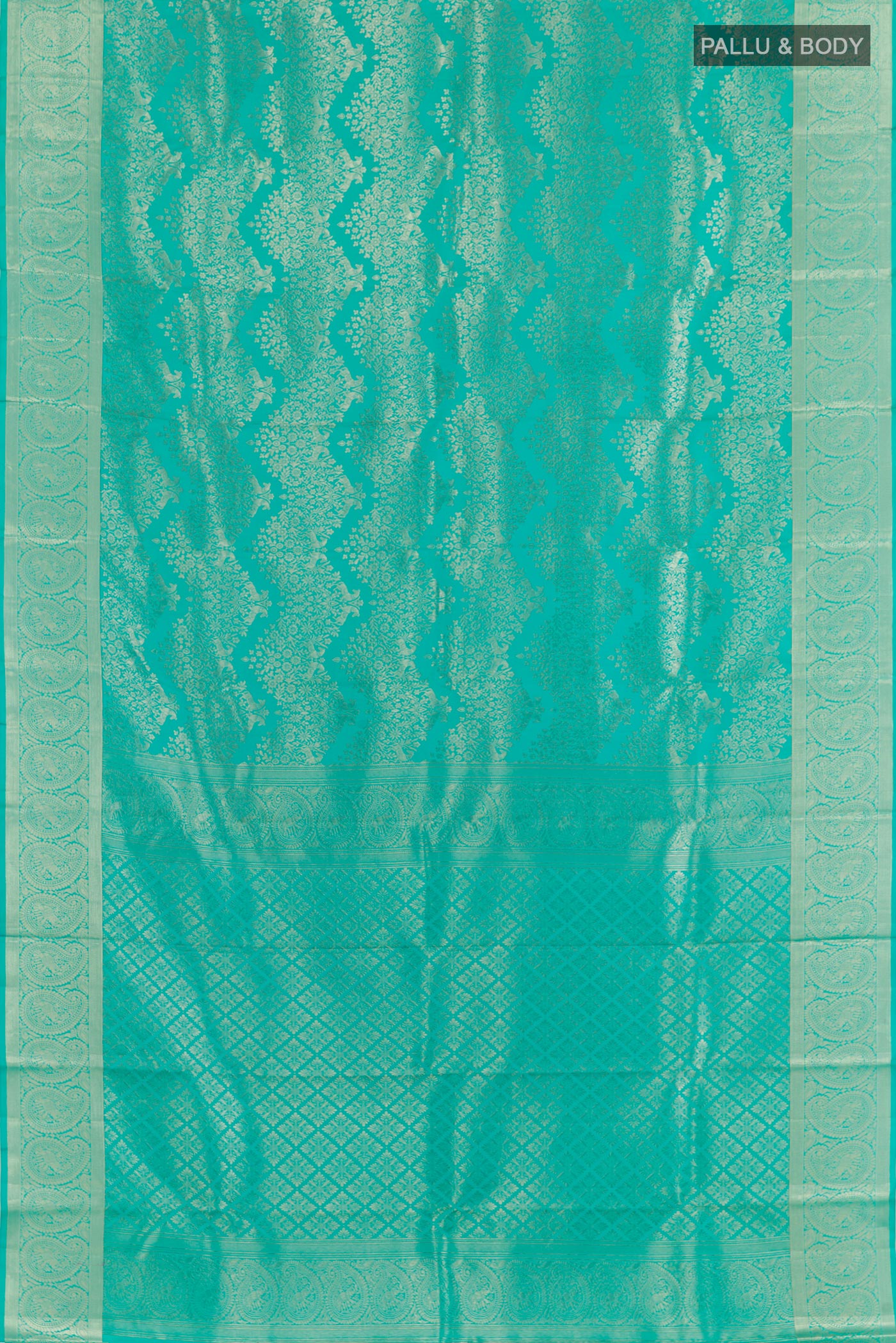 Flat view of Blue Kanjivaram Silk Saree with Zari Brocade on the body and Zari Border. 