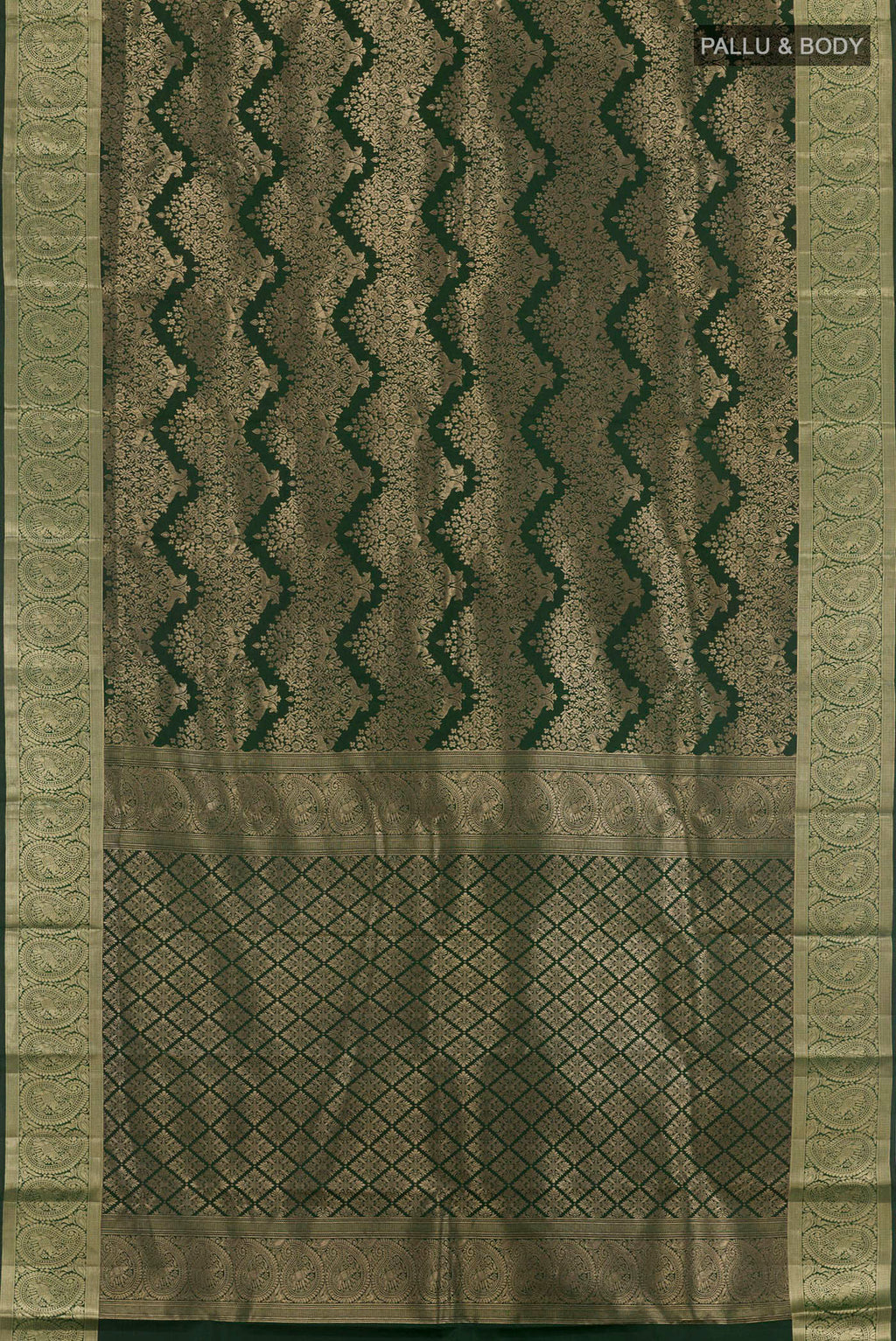 Flat view of Green Kanjivaram Silk Saree with Zari Butta on the body and Zari Border. 