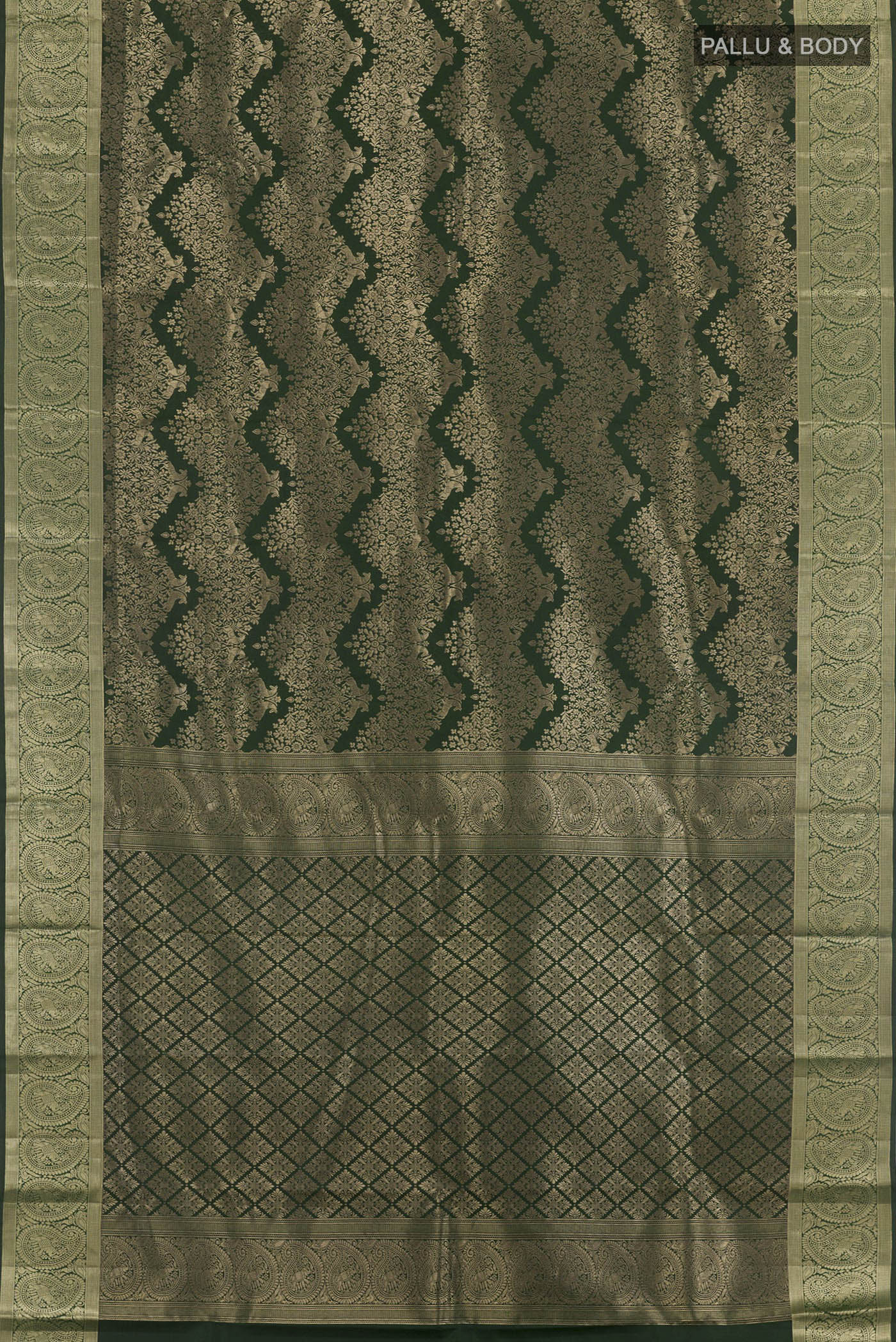 Flat view of Green Kanjivaram Silk Saree with Zari Butta on the body and Zari Border. 