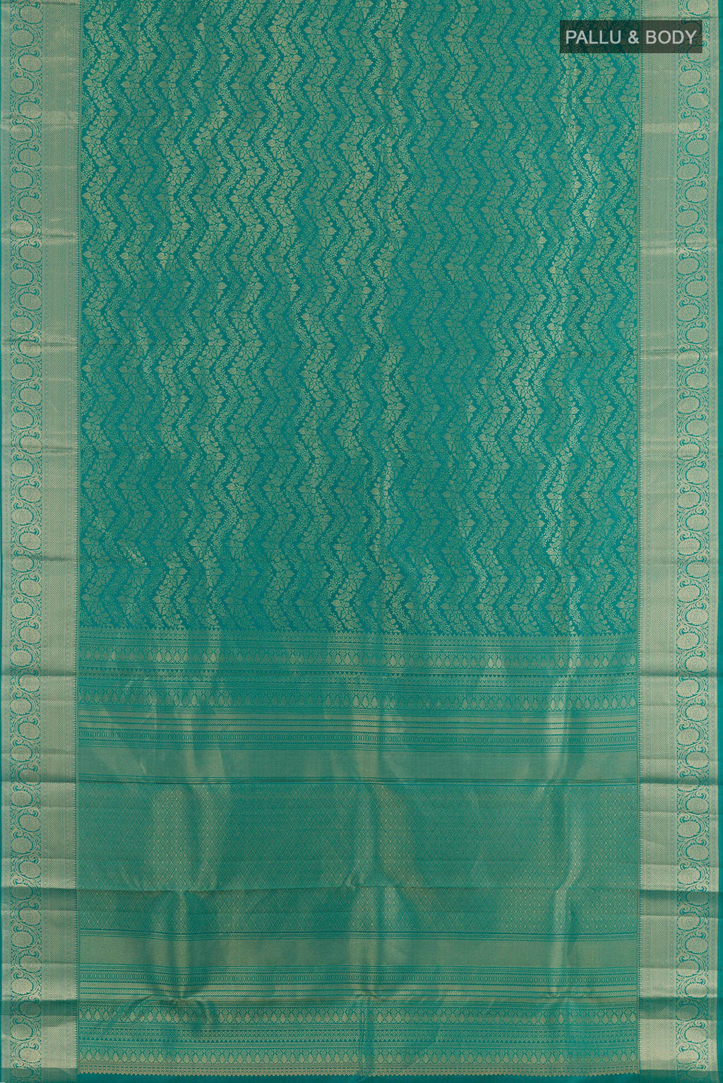 Flat view of Sea Green Kanchipuram Silk Saree with Zari Brocade on the body and Zari Border. 