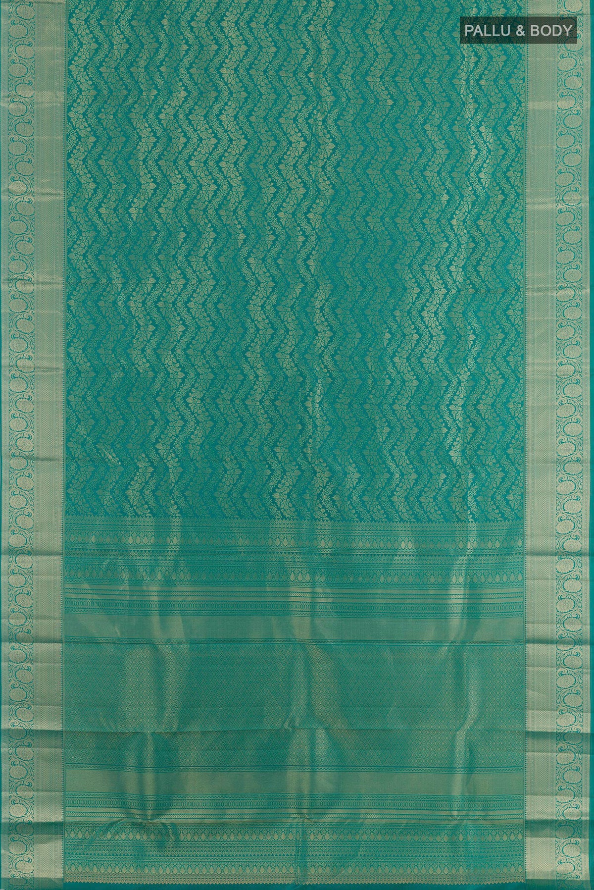 Flat view of Sea Green Kanchipuram Silk Saree with Zari Brocade on the body and Zari Border. 