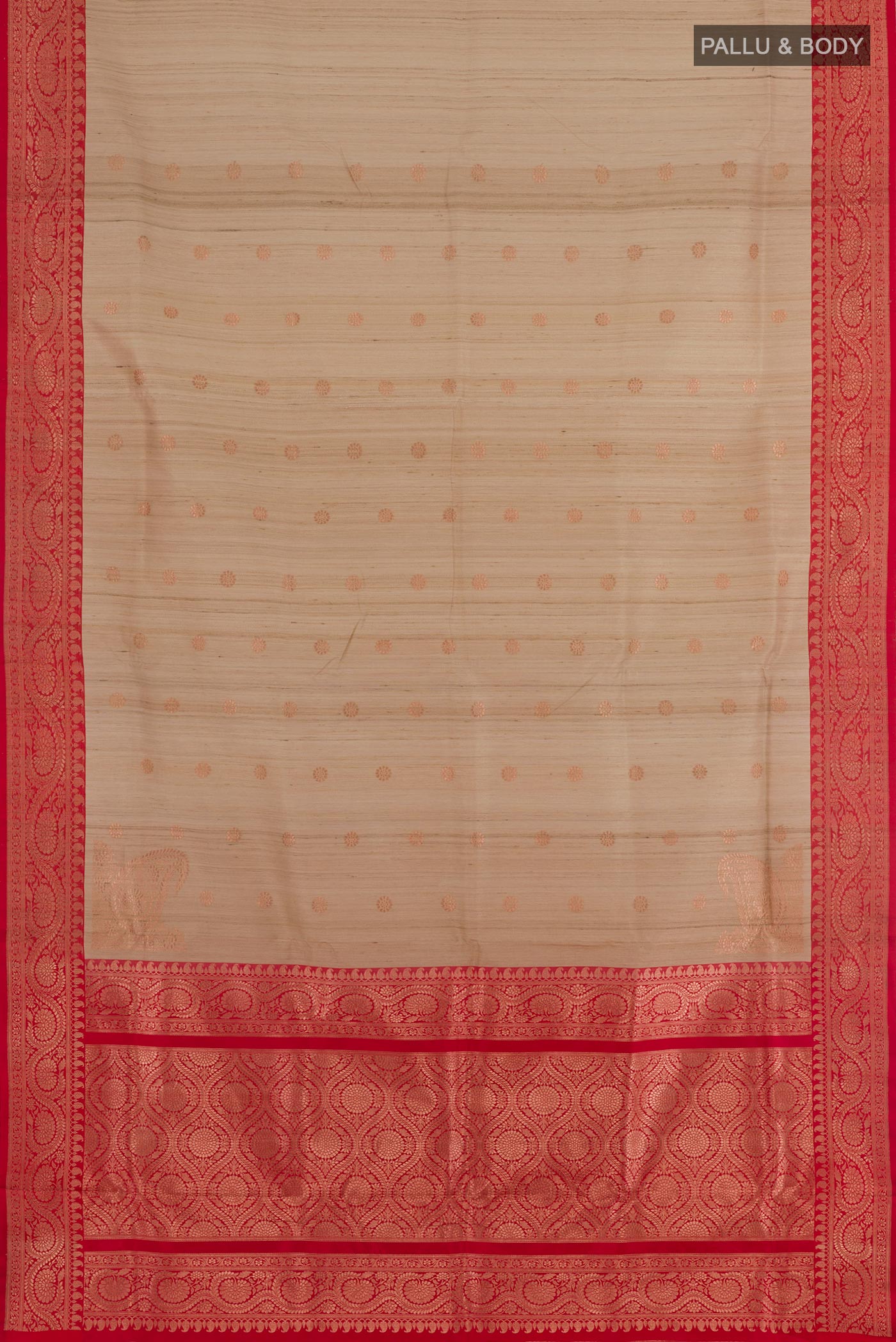 Flat view of Beige Banarasi Tussar Silk Saree with Zari Butta on the body and Zari Border. 