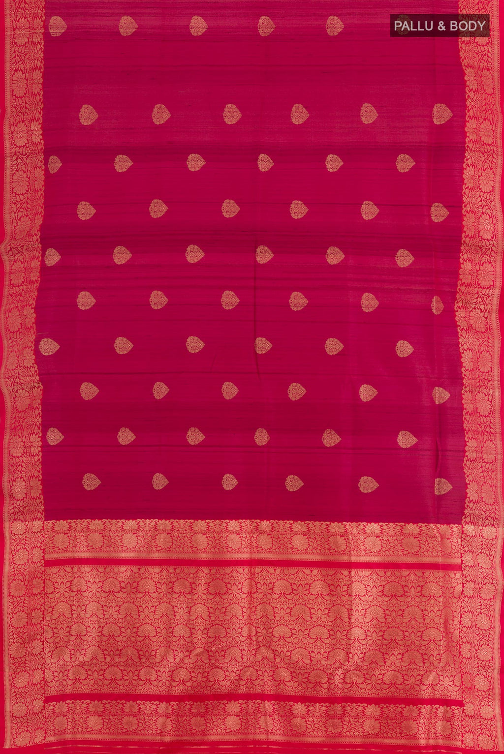 Flat view of Maroon Banarasi Tussar Silk Saree with Zari Butta on the body and Zari Border. 