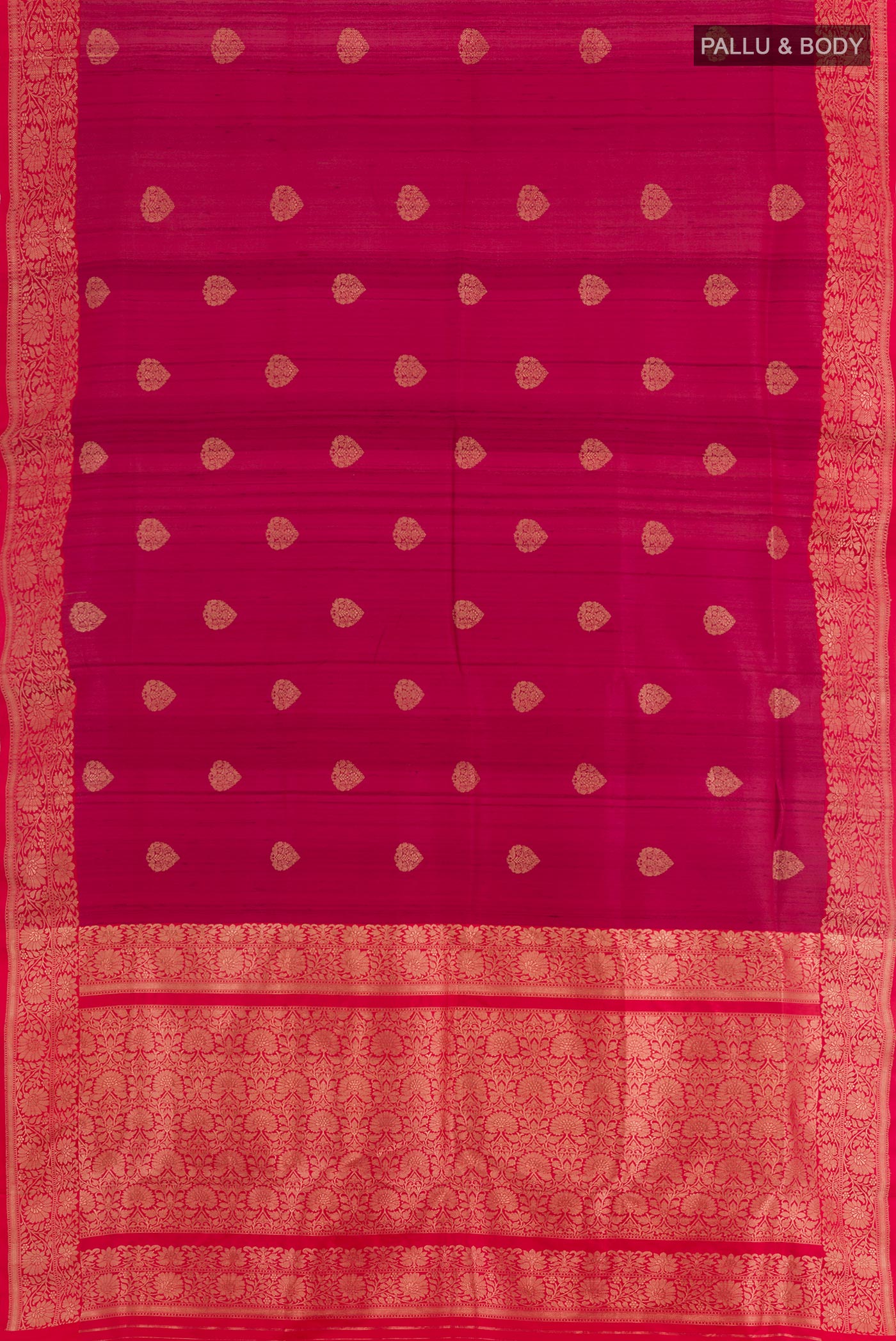 Flat view of Maroon Banarasi Tussar Silk Saree with Zari Butta on the body and Zari Border. 