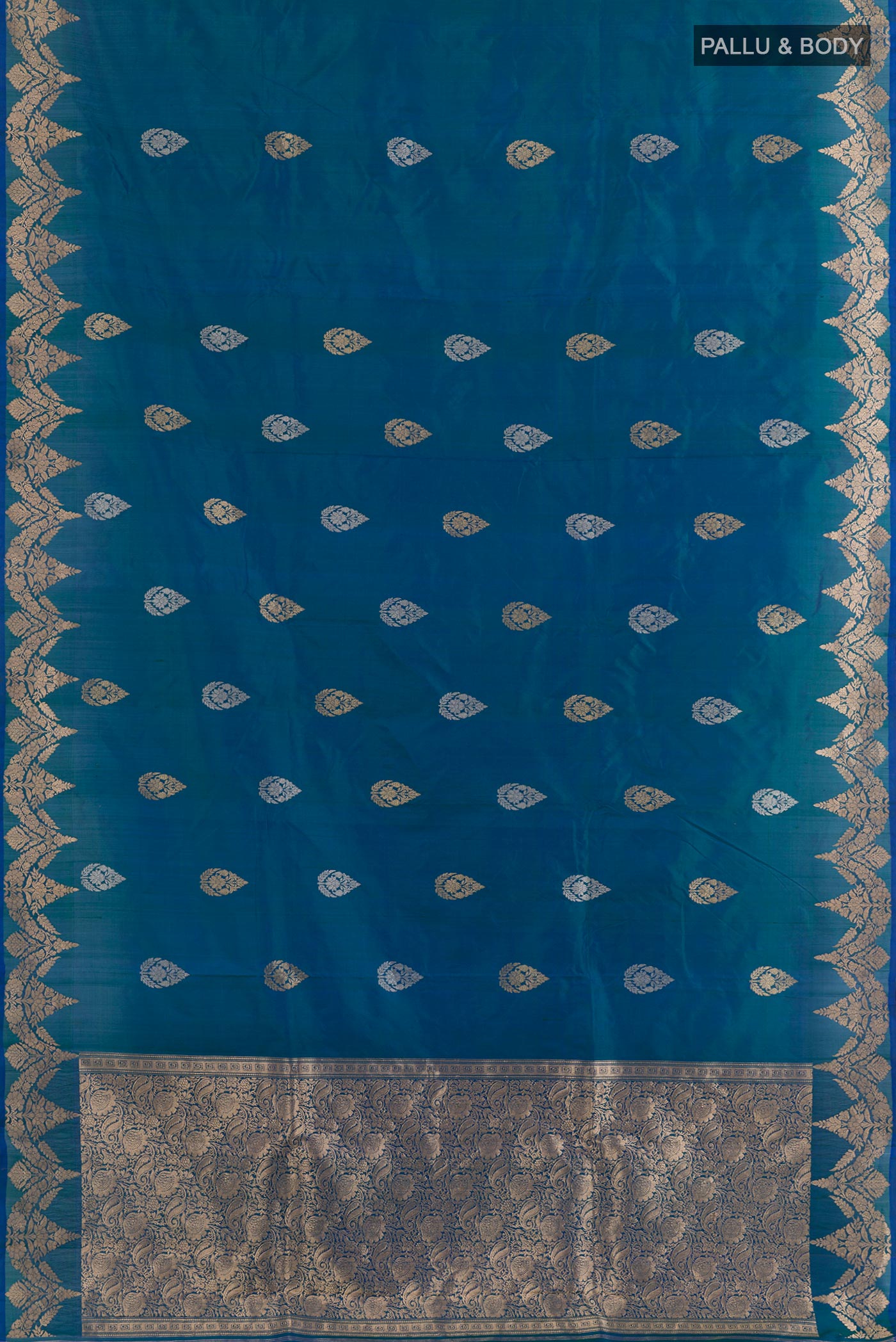 Flat view of Blue Banarasi Katan Silk Saree with Zari Butta on the body and Zari Border. 