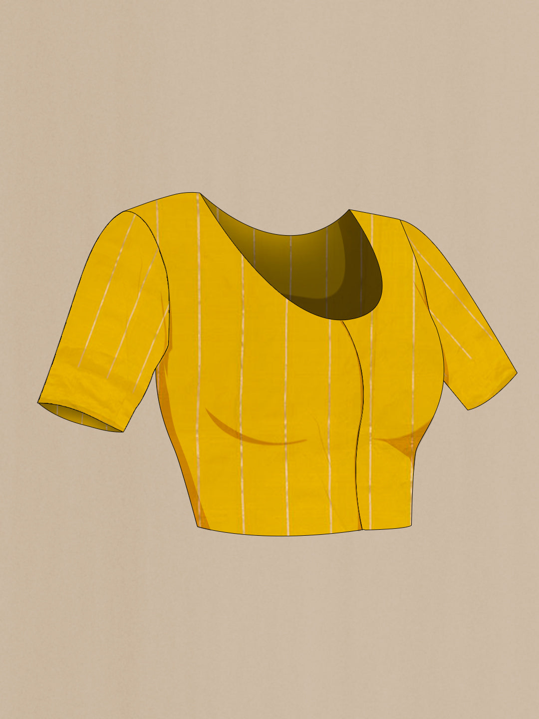 Close up image of the blouse of Yellow Banarasi Katan Silk Saree with Zari Butta on the body and Zari Border. 