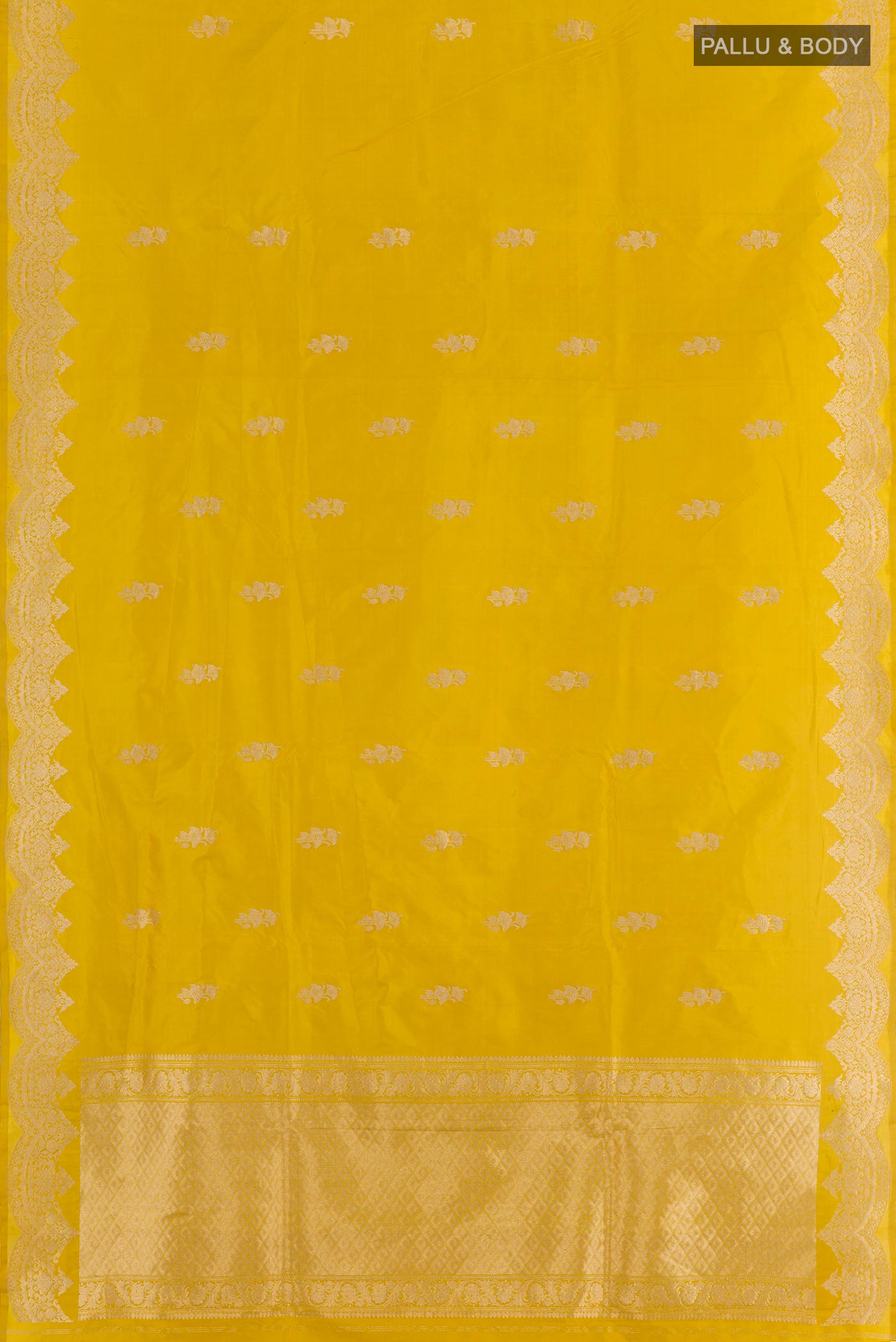 Flat view of Yellow Banarasi Katan Silk Saree with Zari Butta on the body and Zari Border. 