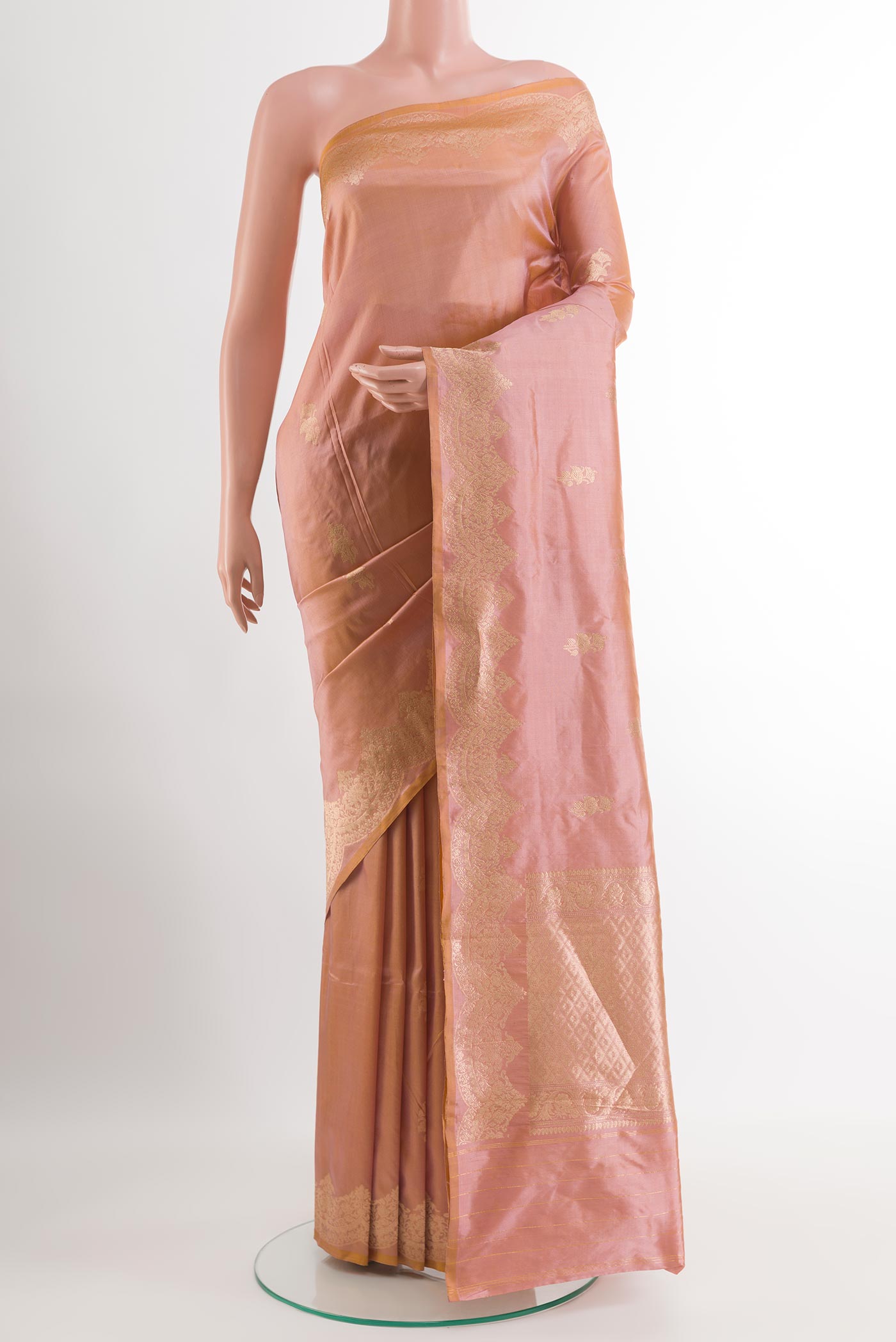 Imperial Pink Banarasi Katan Silk Saree with Zari Butta on the body and Zari Border.  displayed on a mannequin