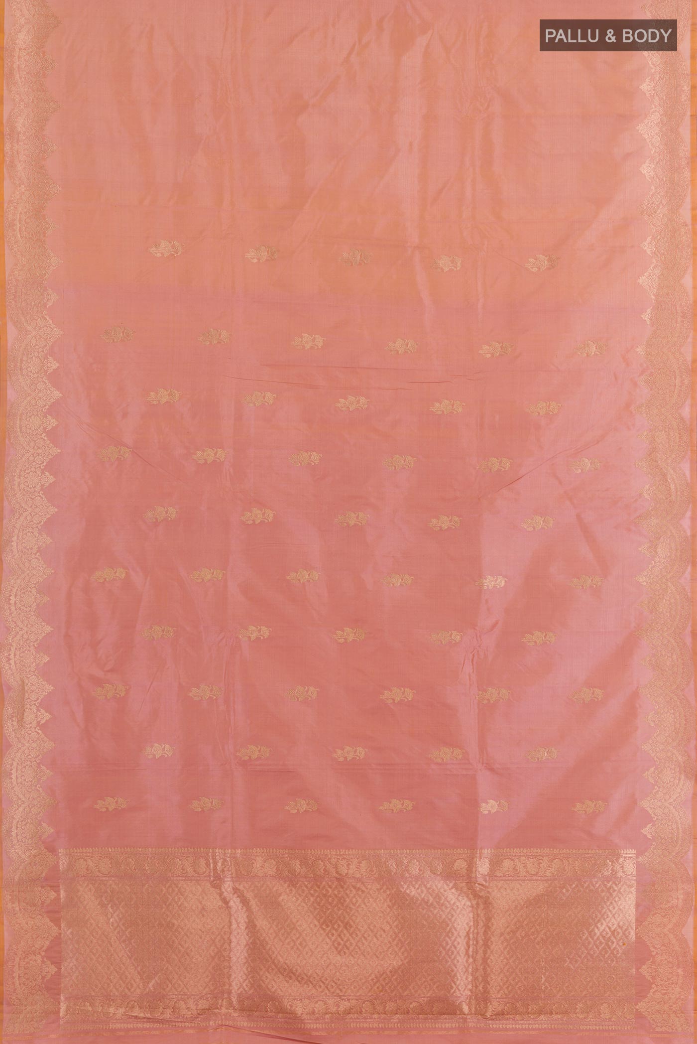 Flat view of Imperial Pink Banarasi Katan Silk Saree with Zari Butta on the body and Zari Border. 