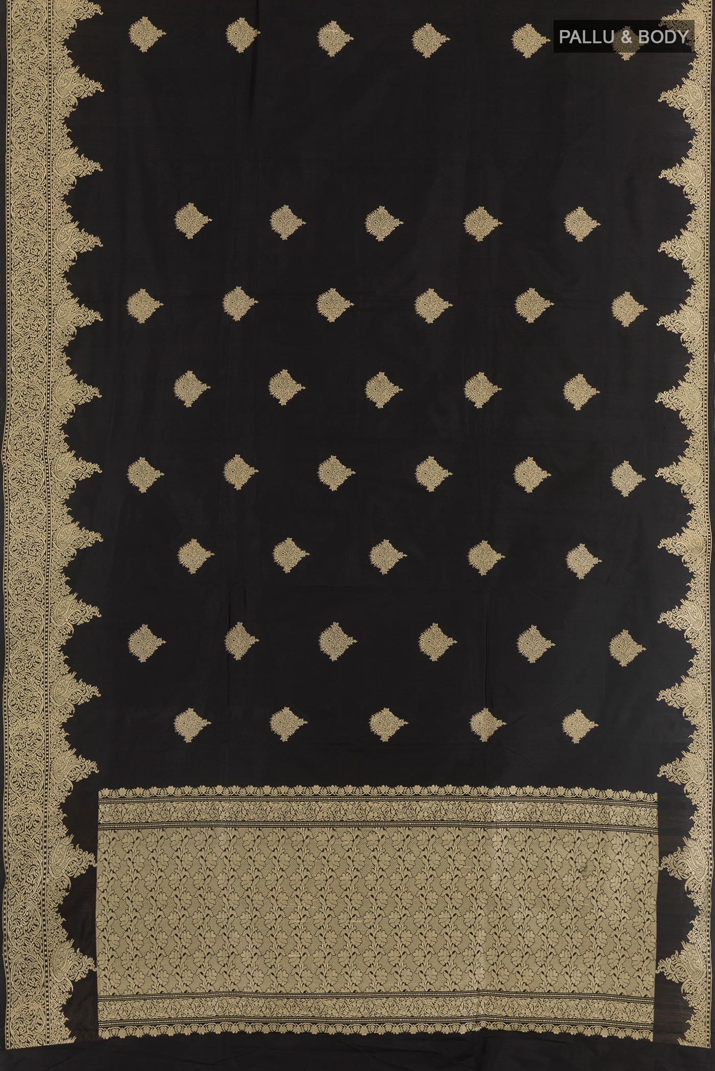 Flat view of Black Banarasi Katan Silk Saree with Zari Butta on the body and Zari Border. 