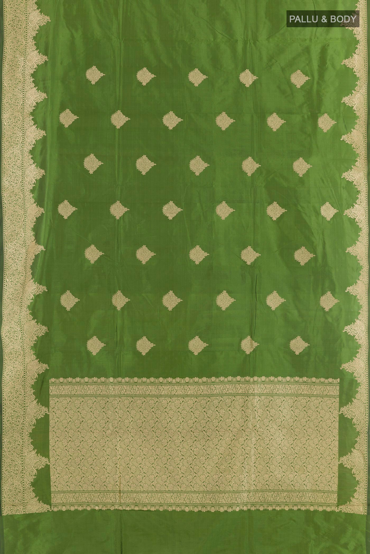 Flat view of Green Banarasi Katan Silk Saree with Zari Butta on the body and Zari Border. 