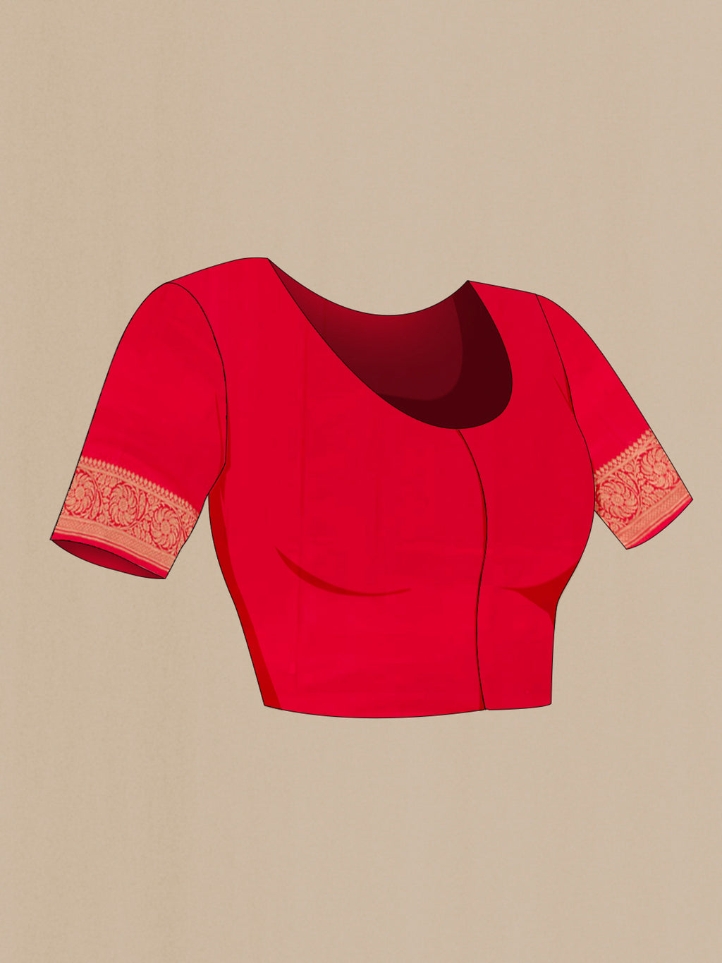 Close up image of the blouse of Red Banarasi Katan Silk Saree with Zari Butta on the body and Zari Border. 