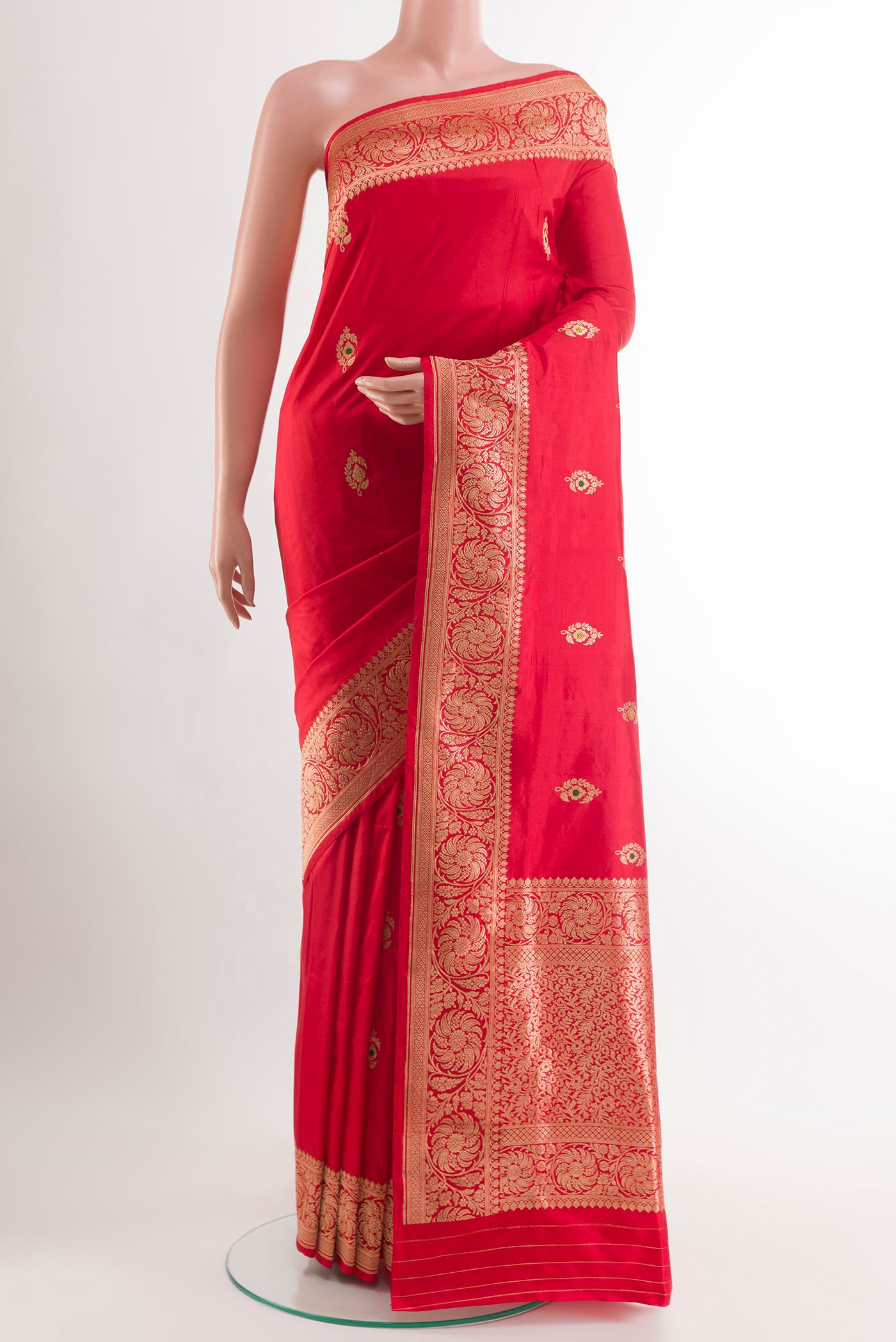 Red Banarasi Katan Silk Saree with Zari Butta on the body and Zari Border.  displayed on a mannequin