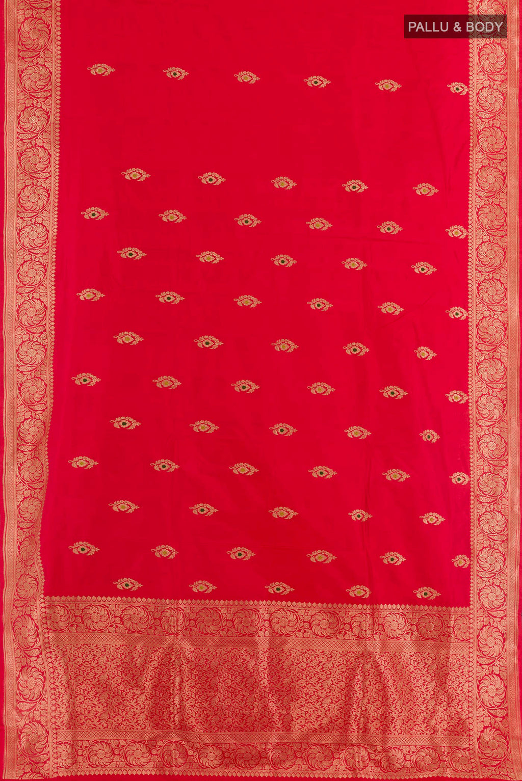 Flat view of Red Banarasi Katan Silk Saree with Zari Butta on the body and Zari Border. 