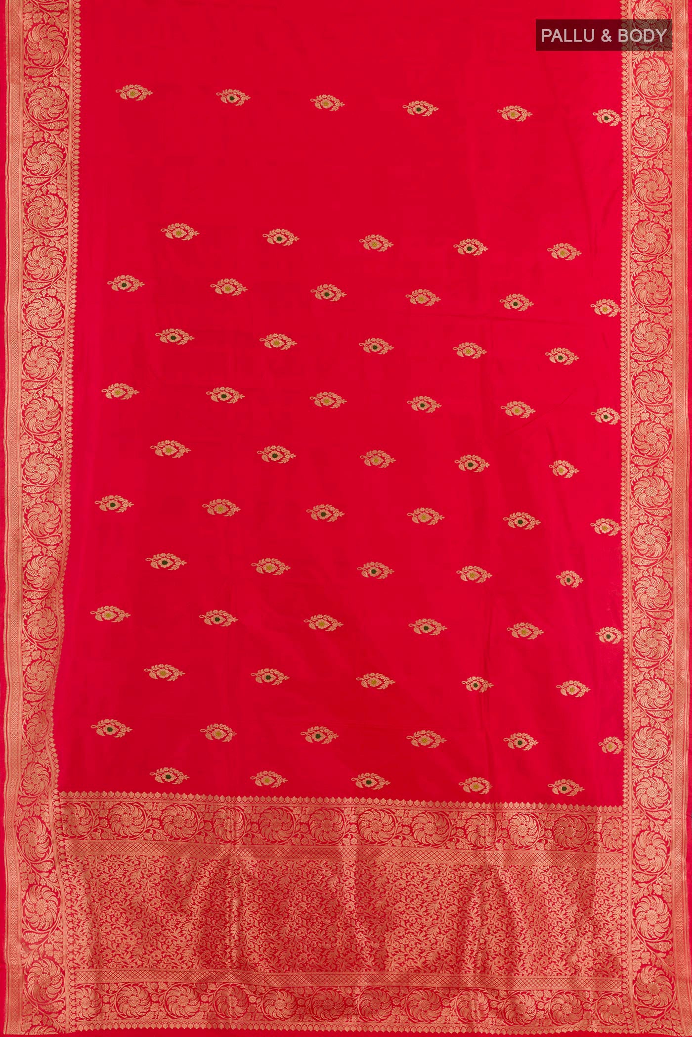 Flat view of Red Banarasi Katan Silk Saree with Zari Butta on the body and Zari Border. 