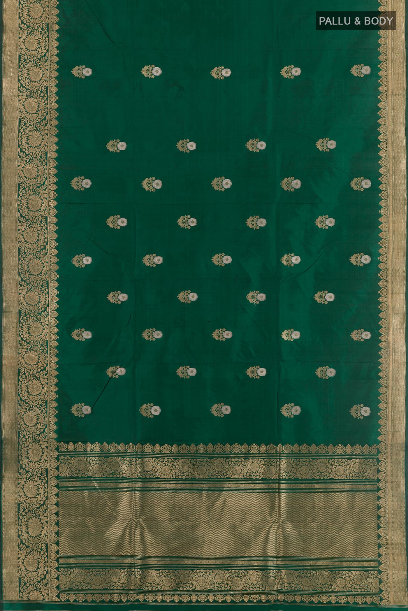 Flat view of Green Banarasi Katan Silk Saree with Zari Butta on the body and Zari Border. 
