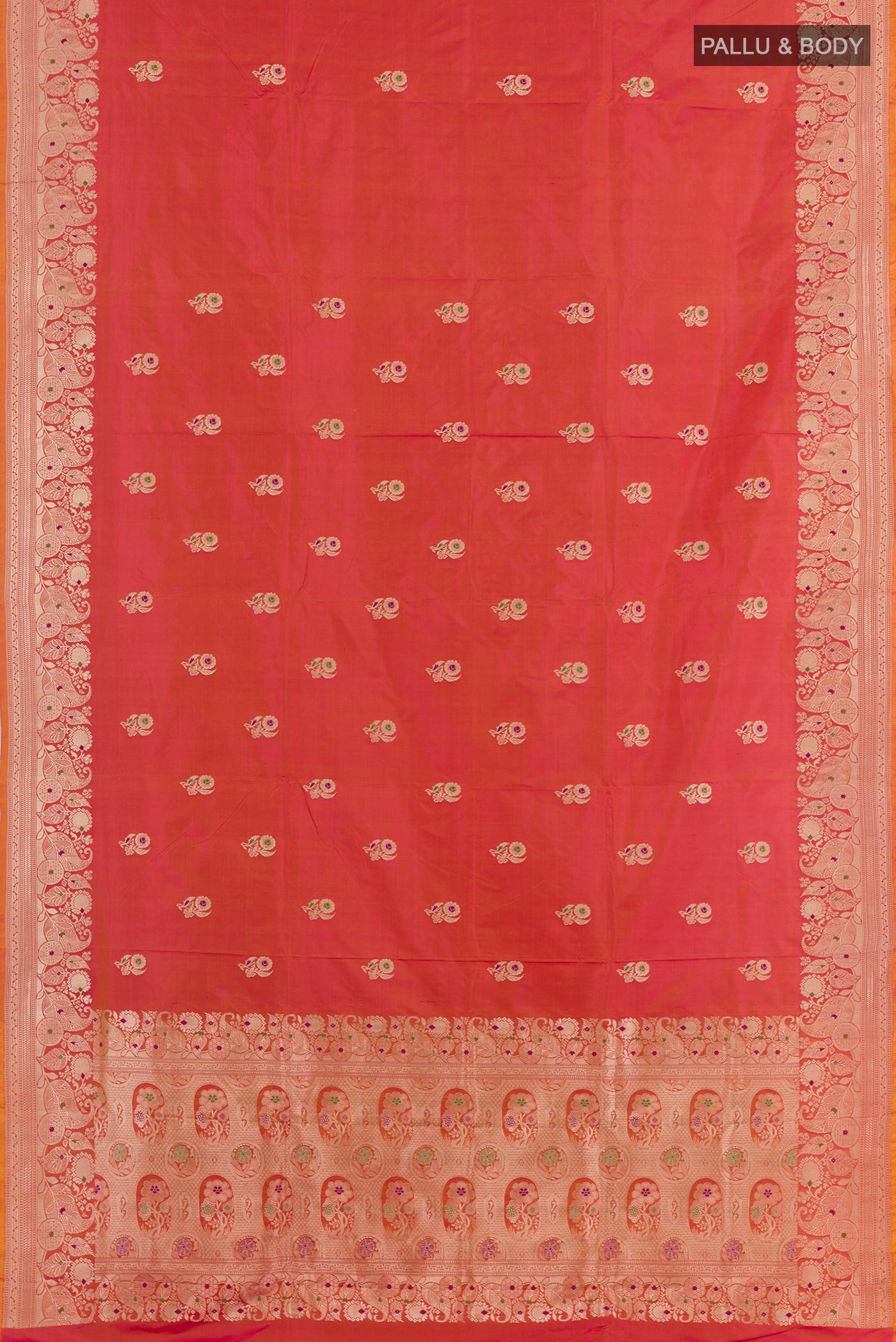 Flat view of Peach Dual Tone Banarasi Katan Silk Saree with Zari Butta on the body and Zari Border. 