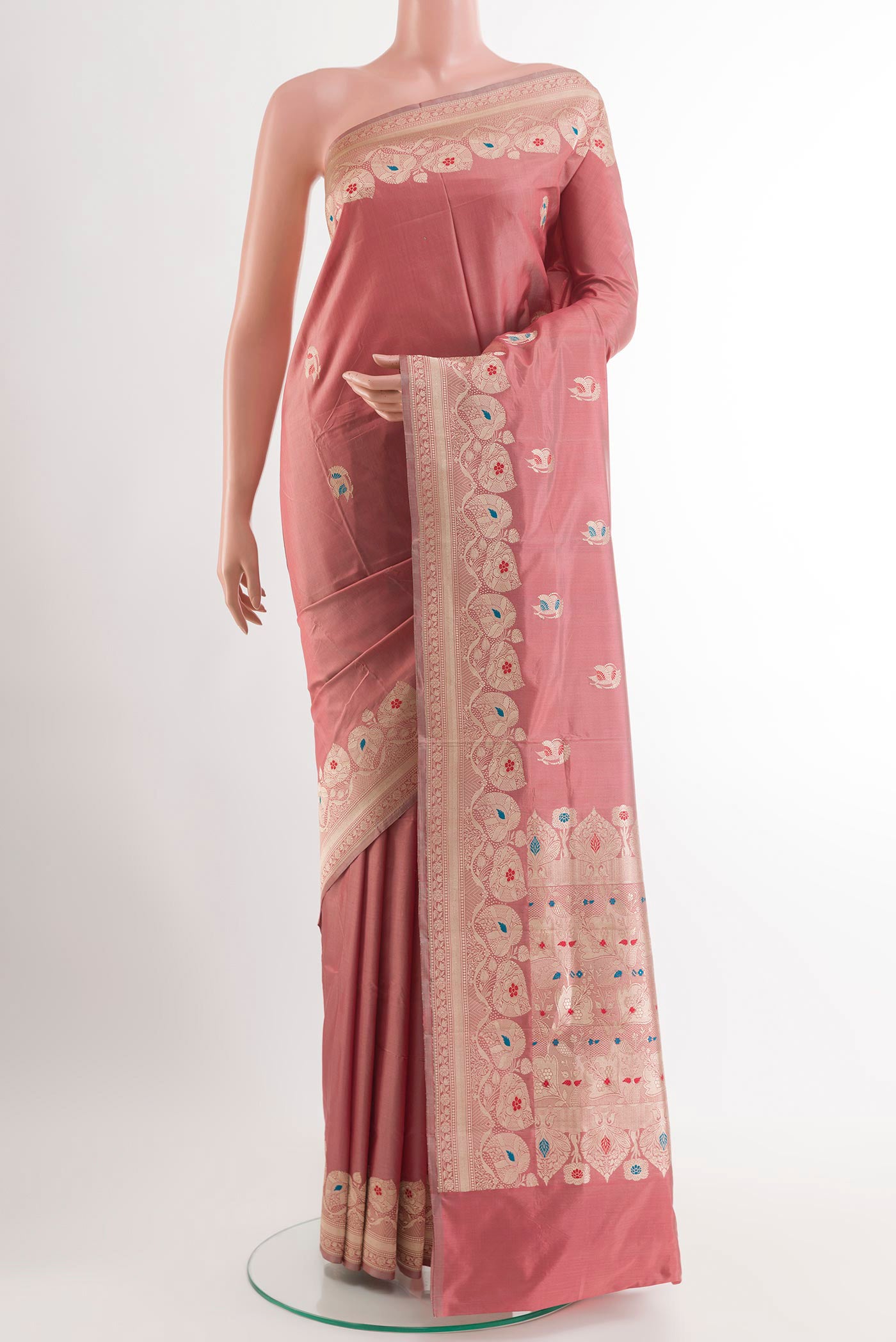 Imperial Pink Banarasi Katan Silk Saree with Zari Butta on the body and Zari Border.  displayed on a mannequin