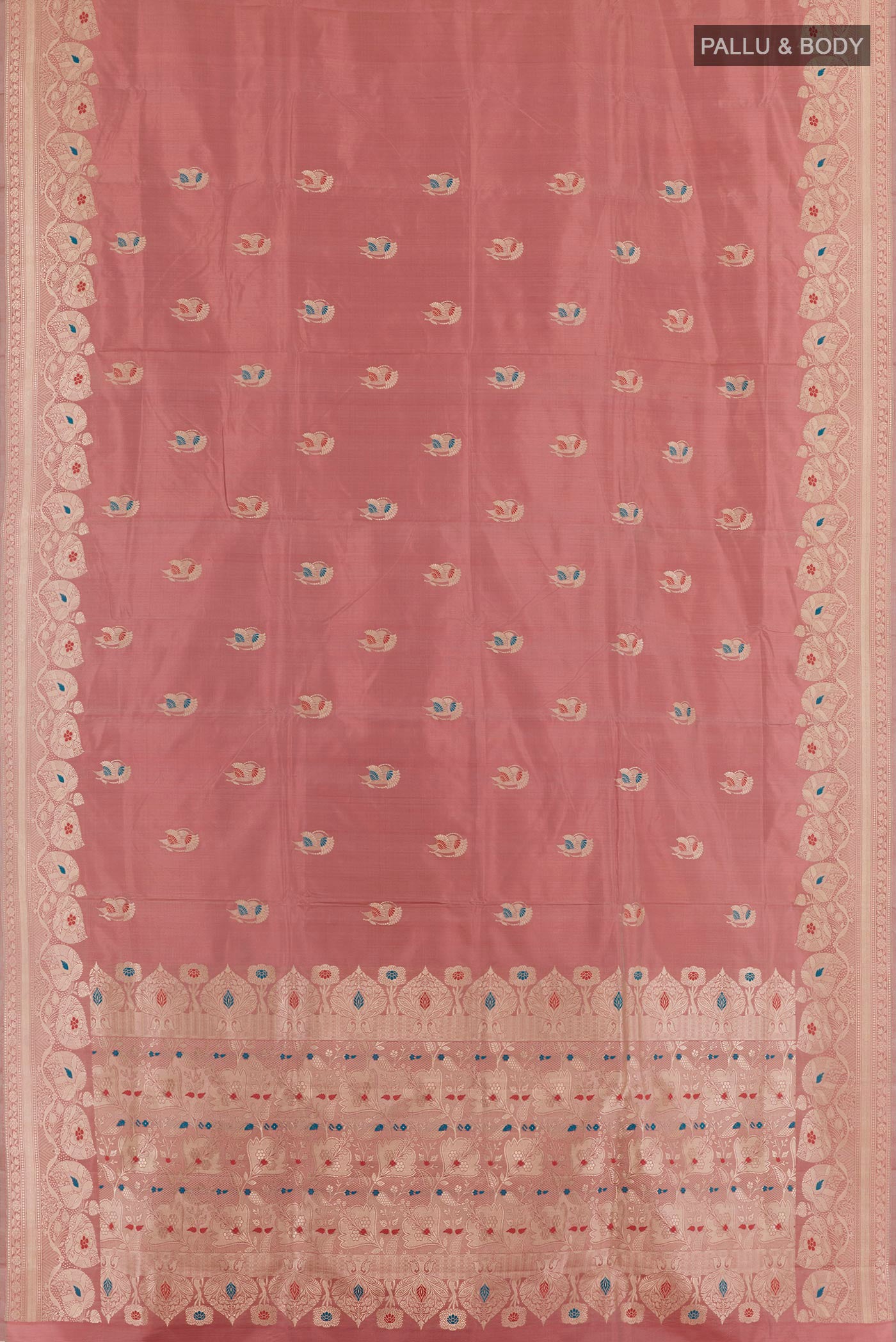 Flat view of Imperial Pink Banarasi Katan Silk Saree with Zari Butta on the body and Zari Border. 