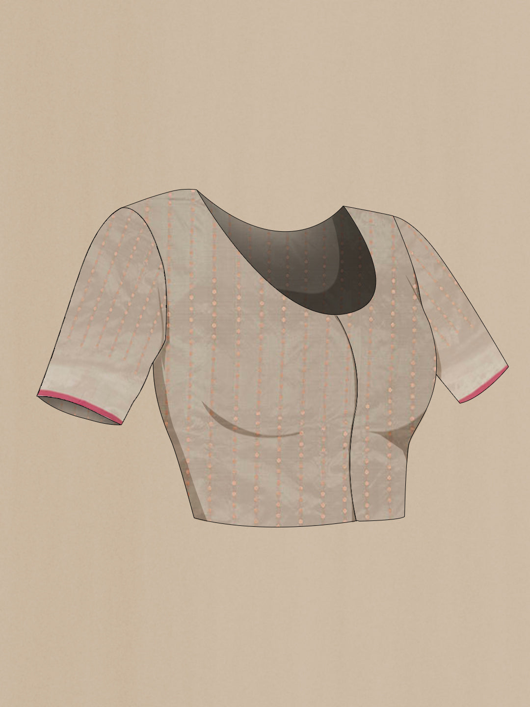 Close up image of the blouse of Grey Banarasi Katan Silk Saree with Zari Butta on the body and Zari Border. 