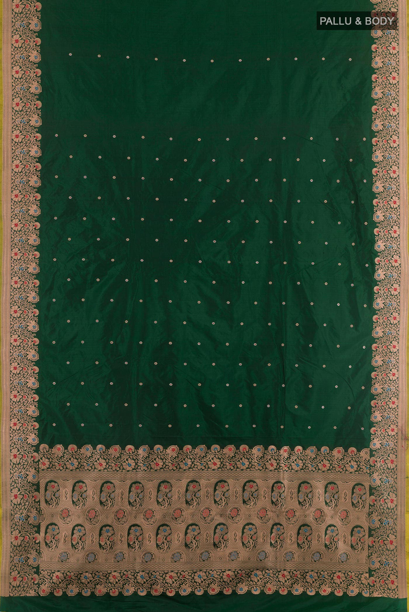 Flat view of Bottle Green Banarasi Katan Silk Saree with Zari Butta on the body and Zari Border. 