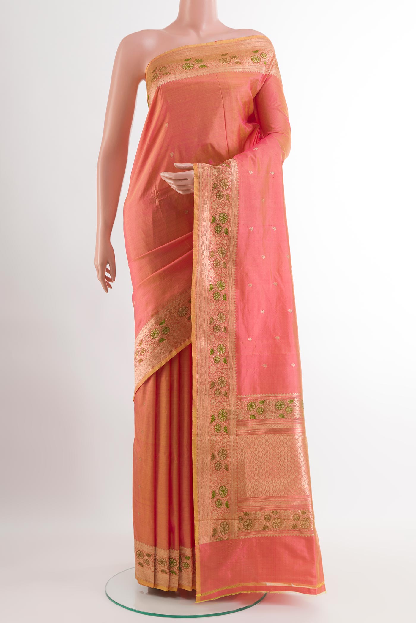 Peach Dual Tone Banarasi Katan Silk Saree with Zari Butta on the body and Zari Border.  displayed on a mannequin