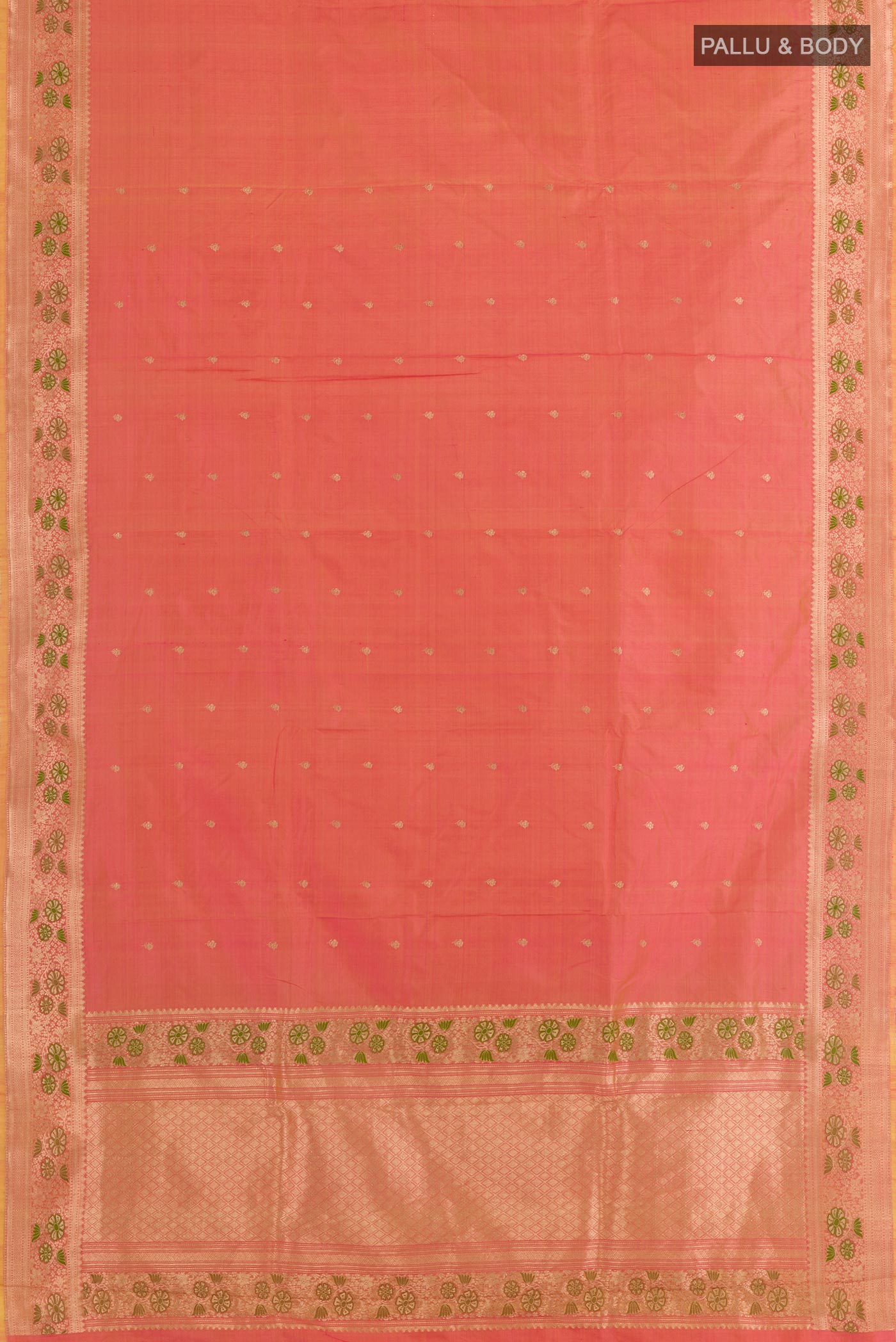 Flat view of Peach Dual Tone Banarasi Katan Silk Saree with Zari Butta on the body and Zari Border. 